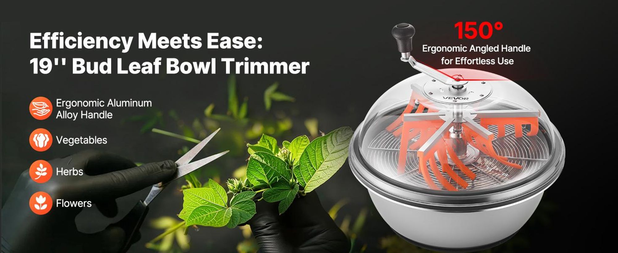 VEVOR Handbetriebene Bud-Blatt-Schneider, 300mm Ernte-Schüssel Bud-Schneider mit Edelstahlklingen, visuelles Schneiden, nasse & trockene hydroponische Schneidemaschine mit Tablett, gedrehter Spin-Schnitt für Pflanzenknospen und Blumen, Schalenform-c, 19 Zoll