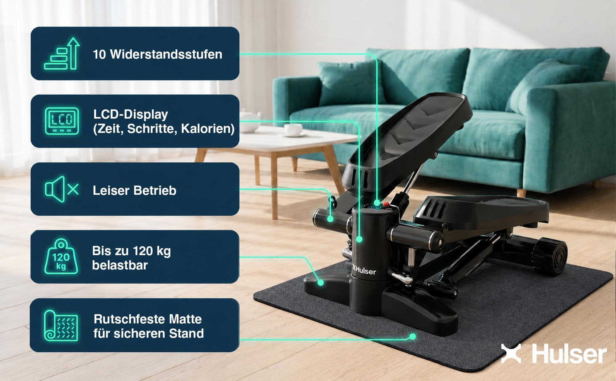 Hulser 2-in-1 Stepper mit Display - Ganzkörpertrainer mit Anpassbarem Widerstandssystem & Mit 12-teiligem Widerstandsband-Set - Widerstandsbändern