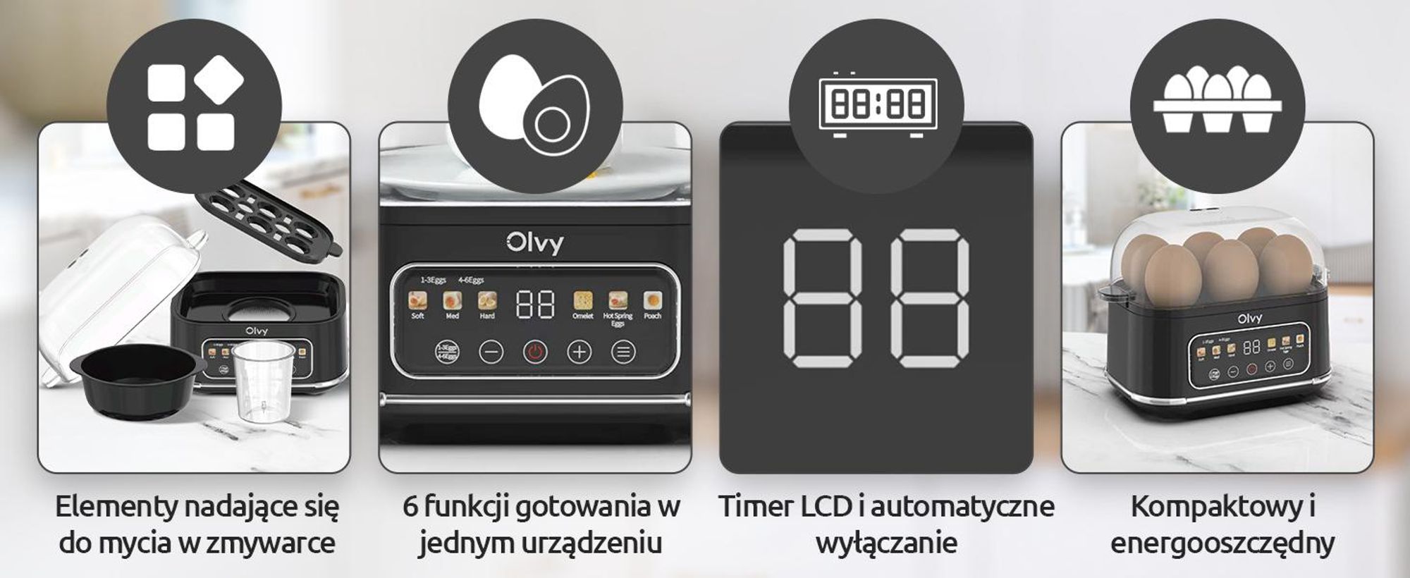 Urządzenie do gotowania jajek Olvy na 1-6 jajek z funkcją omletu i kłusownictwa - zegar LCD, automatyczne wyłączanie, wolne od BPA, łatwe do czyszczenia, elektryczne i kompaktowe