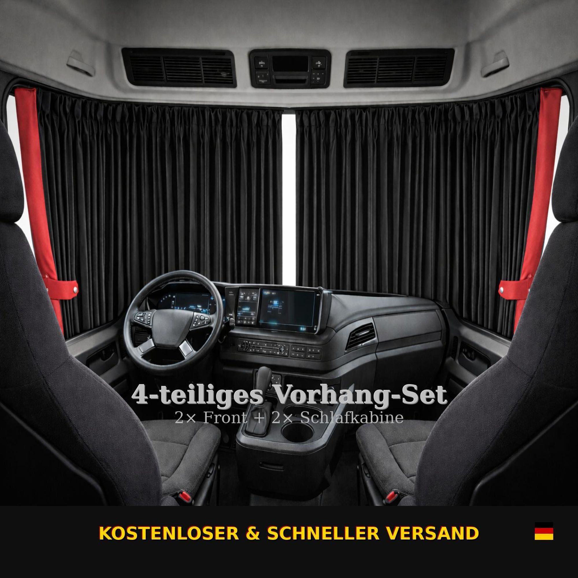 Gardinen DAF XG XG+ Vorhänge 4-tlg für Frontscheibe & Schlafkabine Rot Schwarz