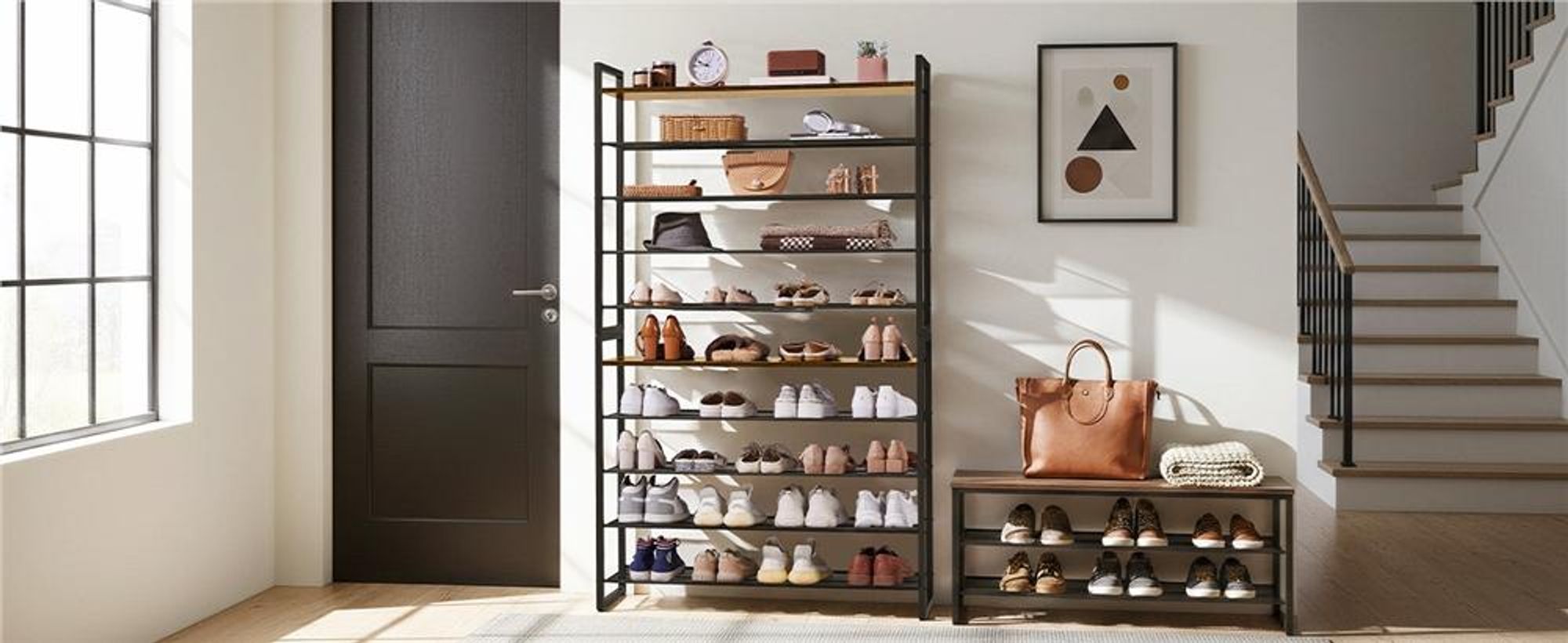 Yaheetech Schuhregal mit 10 Fächern, 166 cm H, für 50 Paar Schuhe, 2-in-1 Schuhablage aus Metall, Industriell, Rustikal-Braun