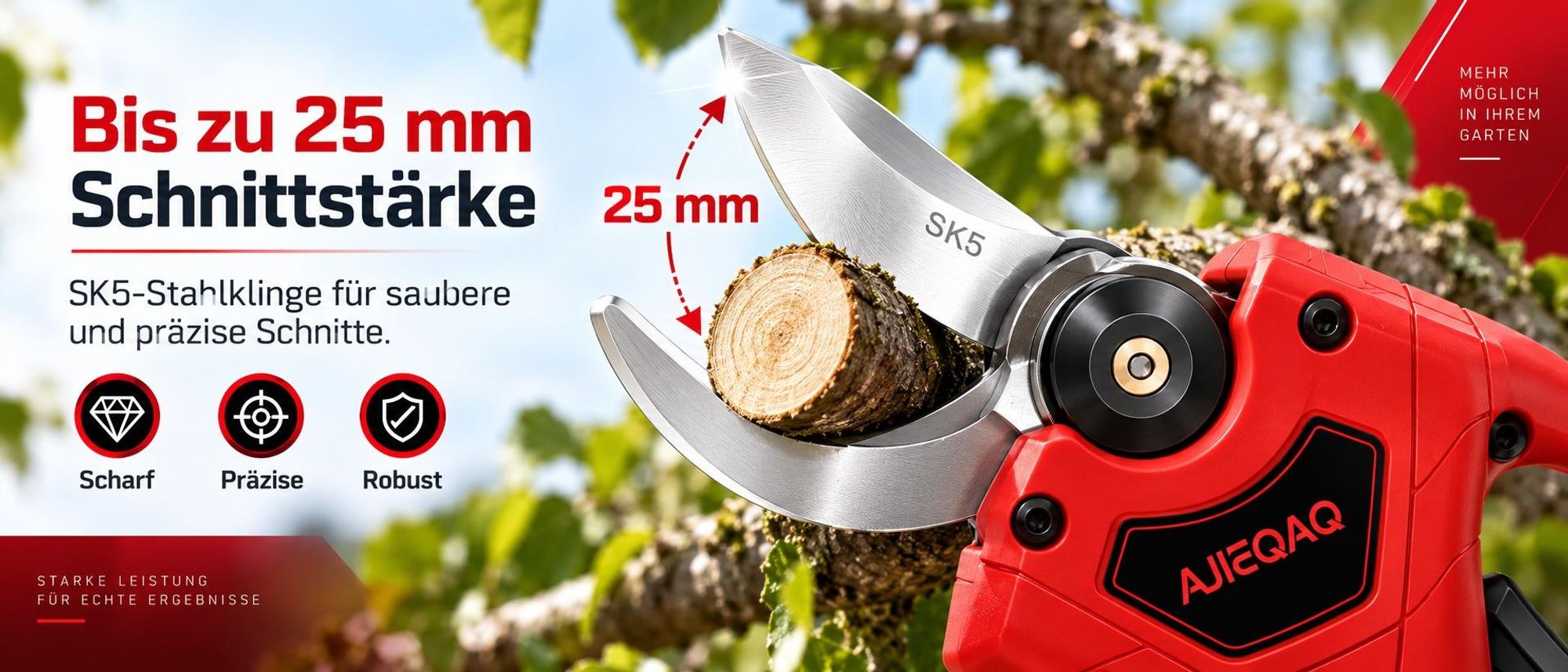 AJIEQAQ Elektrische Gartenschere 21V, Akku-Astschere Brushless, 2×2000mAh Akkus, 25mm Schnittkapazität, SK5 Klinge, Koffer