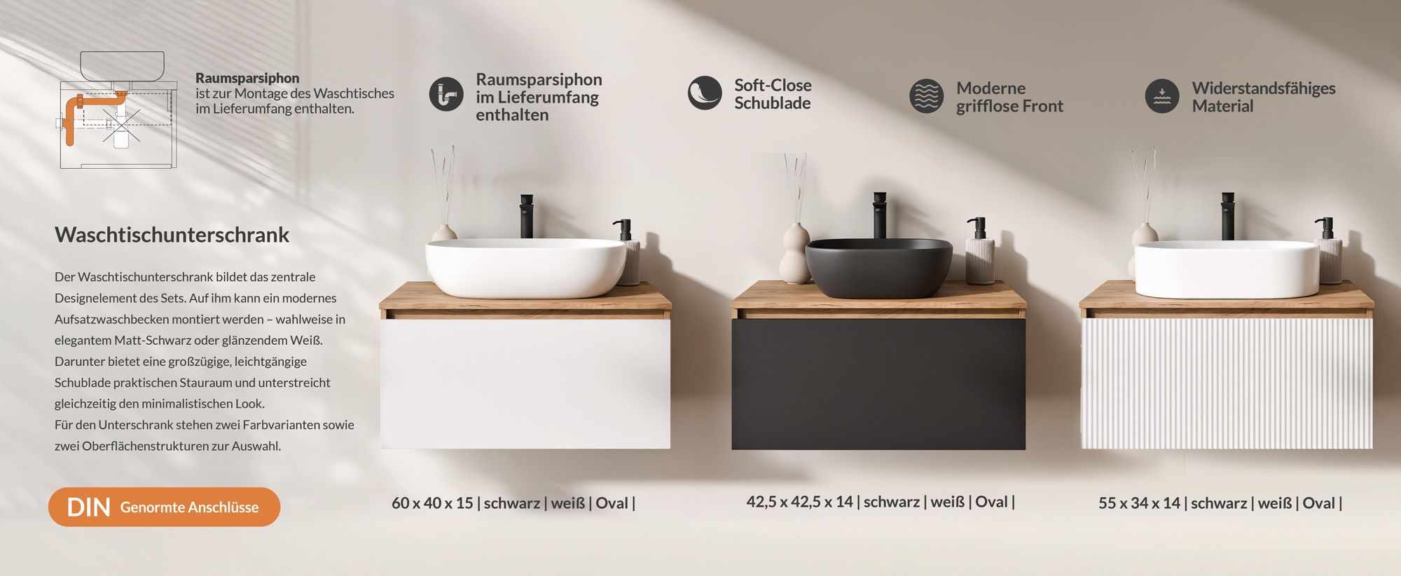 Planetmöbel Doppelwaschtisch ARISA 160 cm in Weiß Geriffelt mit 2 LED Spiegel VELUNA 60 cm und 2 weißen Keramik-Aufsatzwaschbecken 60 cm