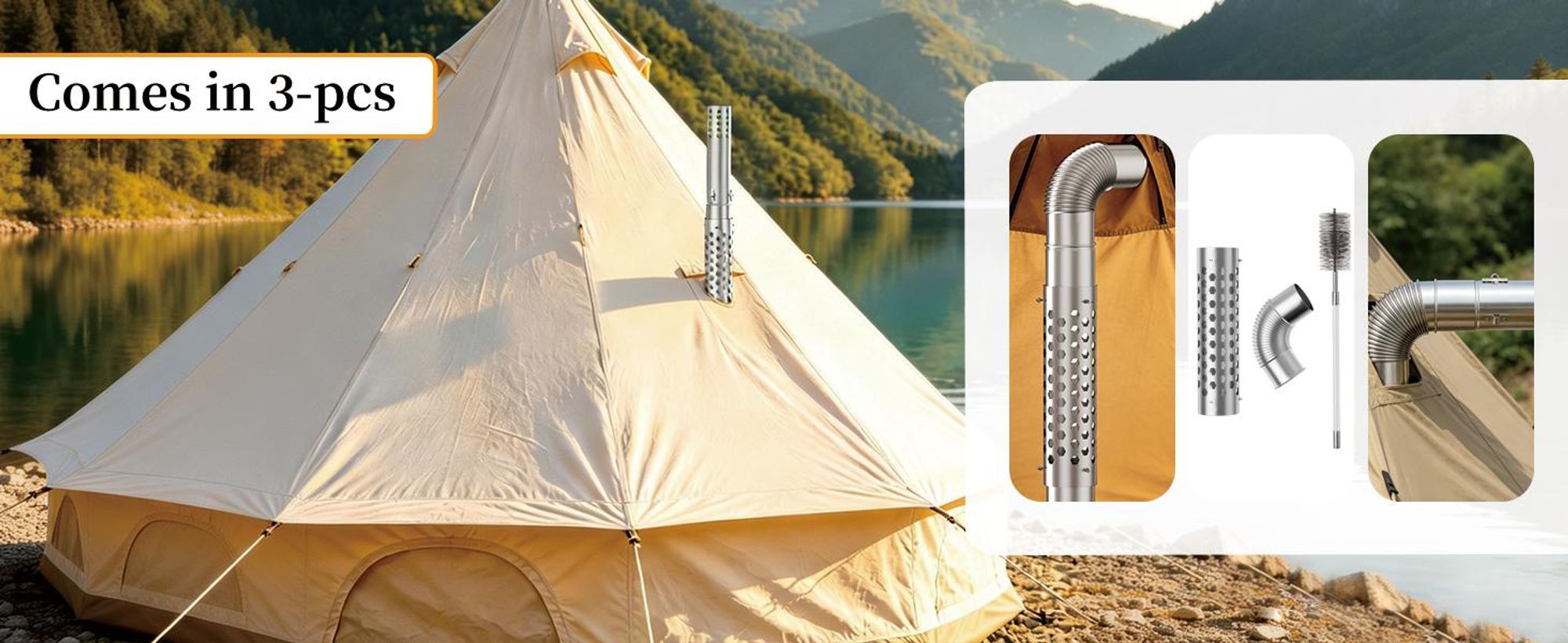 unho Zeltofen Zubehör Set, Kaminrohr mit Winkelrohr, Reinigungsbürste, Edelstahl, hitzebeständig, für 60 mm Rauchrohre Camping und Outdoor