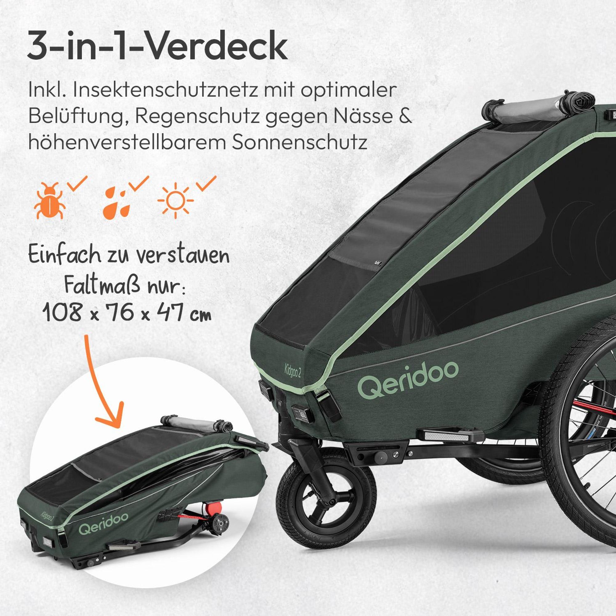 Qeridoo Kidgoo 2- Kinderfahrradanhänger für 2 Kinder, Farbe: Forest Green