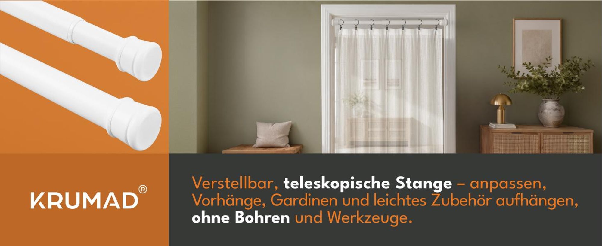 KRUMAD Klemmstange Vorhangstange ohne Bohren 70–130 cm, Teleskopstange Weiß für Gardinen, Dusche, Fenster & Raumteiler