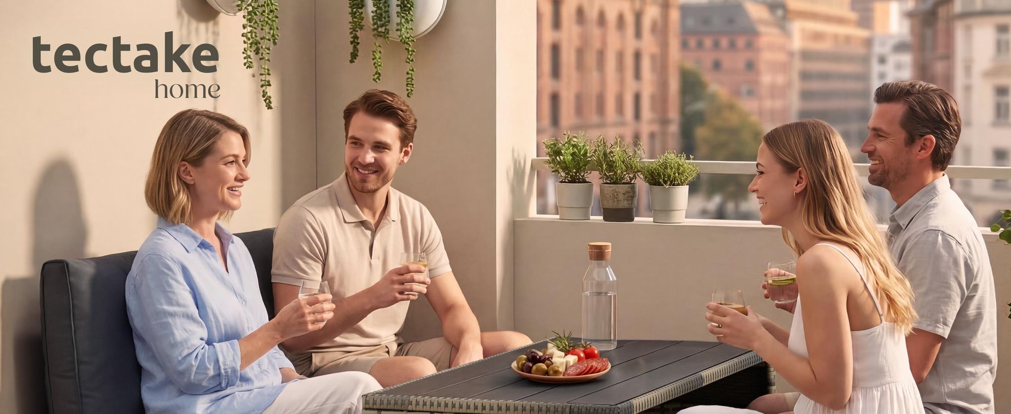 tectake 2in1 Rattanlounge-Set 4 Personen Sitzgruppe Polyrattan Gartenmöbel Sofa Tisch 2 Hocker Kissen Balkon Terrasse wetterfest 110x60cm