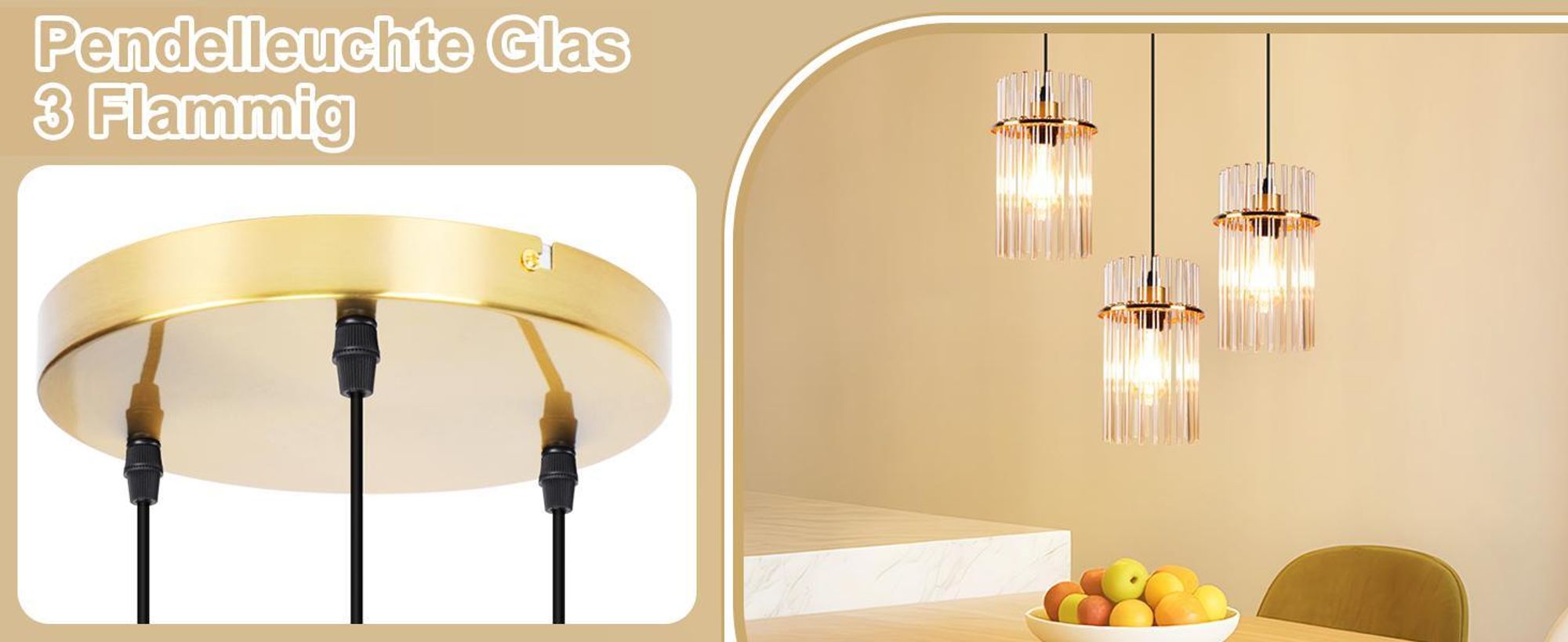 ZMH Pendelleuchte 3 Flammig Hängelampe Esstisch - Hängeleuchte Rund Gold E27 Pendellampe aus Glasschirm Ø 16 für Esszimmer Küche Wohnzimmer Cafe Bar (ohne Leuchtmittel)