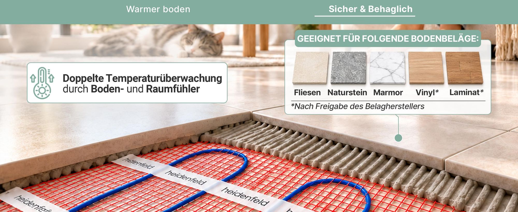 Heidenfeld Elektrische Fußbodenheizung FH200 | Komplettset inkl. Thermostat - 200 W/m² - Heizmatte - Elektroheizung - Bodenheizung - Flächenheizung