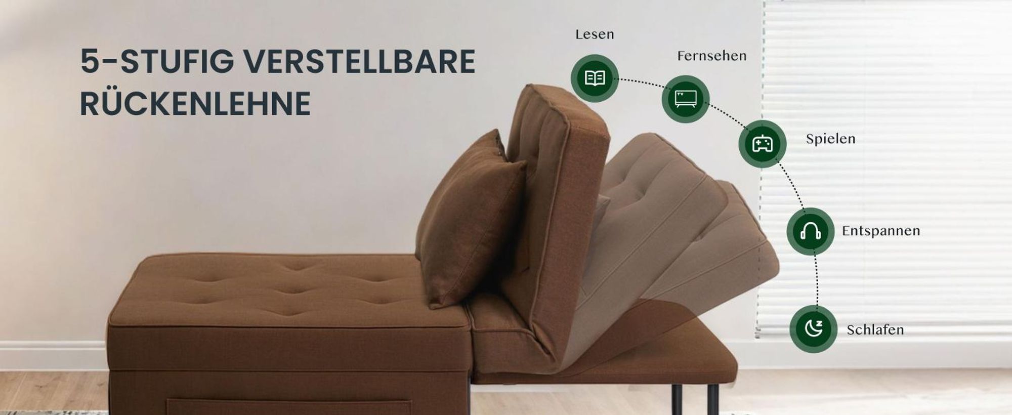 FLEXISPOT 4-in-1 Schlafsofa Klappbett Einzelsofa mit klappbarem Hocker, Kissen & 6-fach verstellbarer Rückenlehne, Schlafsessel für Gästezimmer Khaki