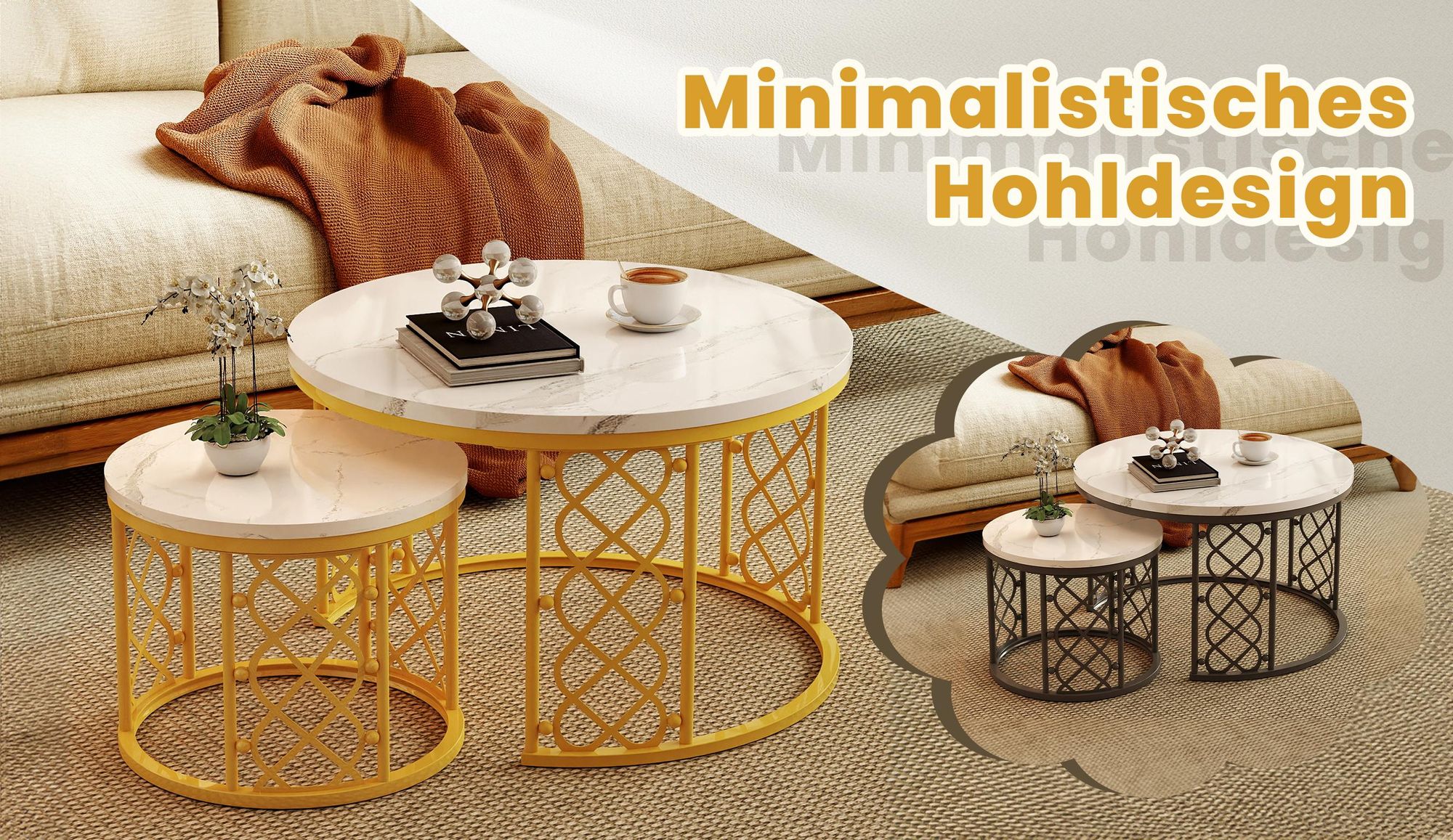 MODFU Couchtisch rund Gold,2er set Sofatisch mit weiße Tischplatte,Wohnzimmertisch, Satztische, Beistelltisch für Schlafzimmer und Wohnzimmer