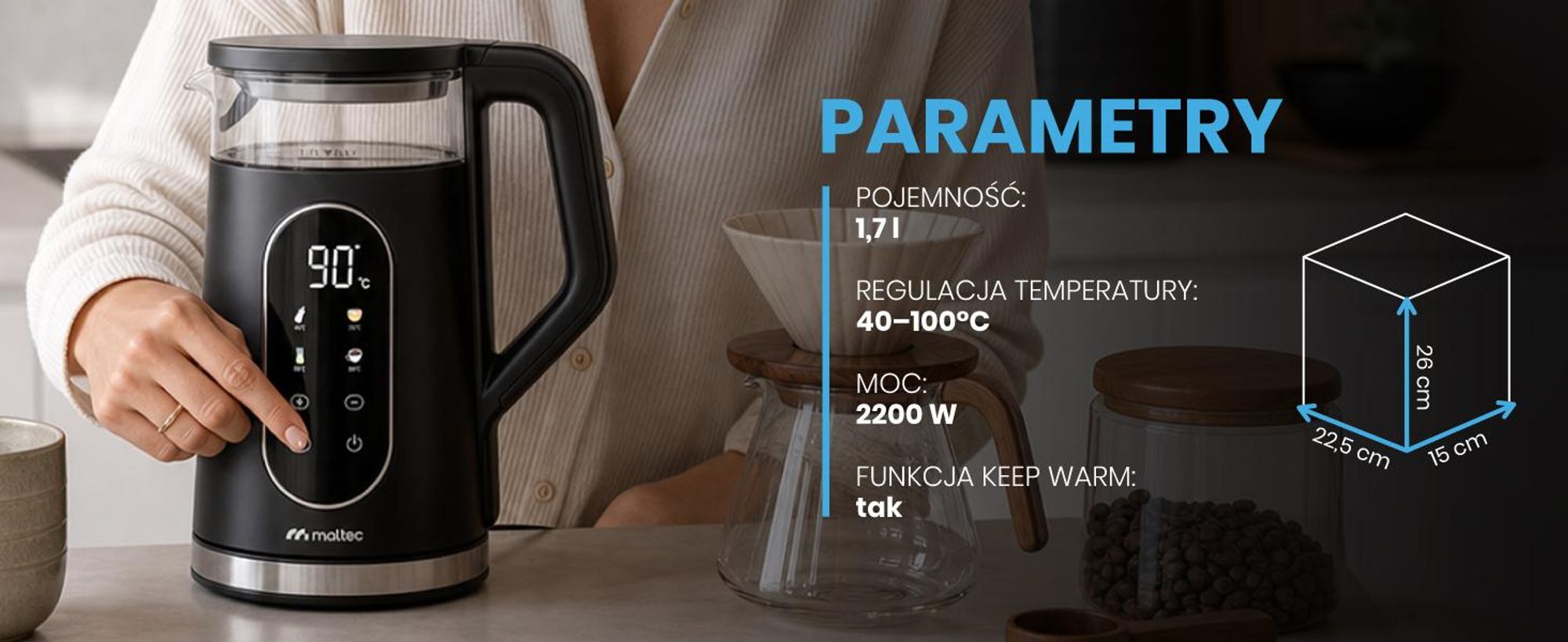 Czarny czajnik elektryczny o pojemności 1700 ml z regulacją temperatury 40-100 stopni mocy 2200W