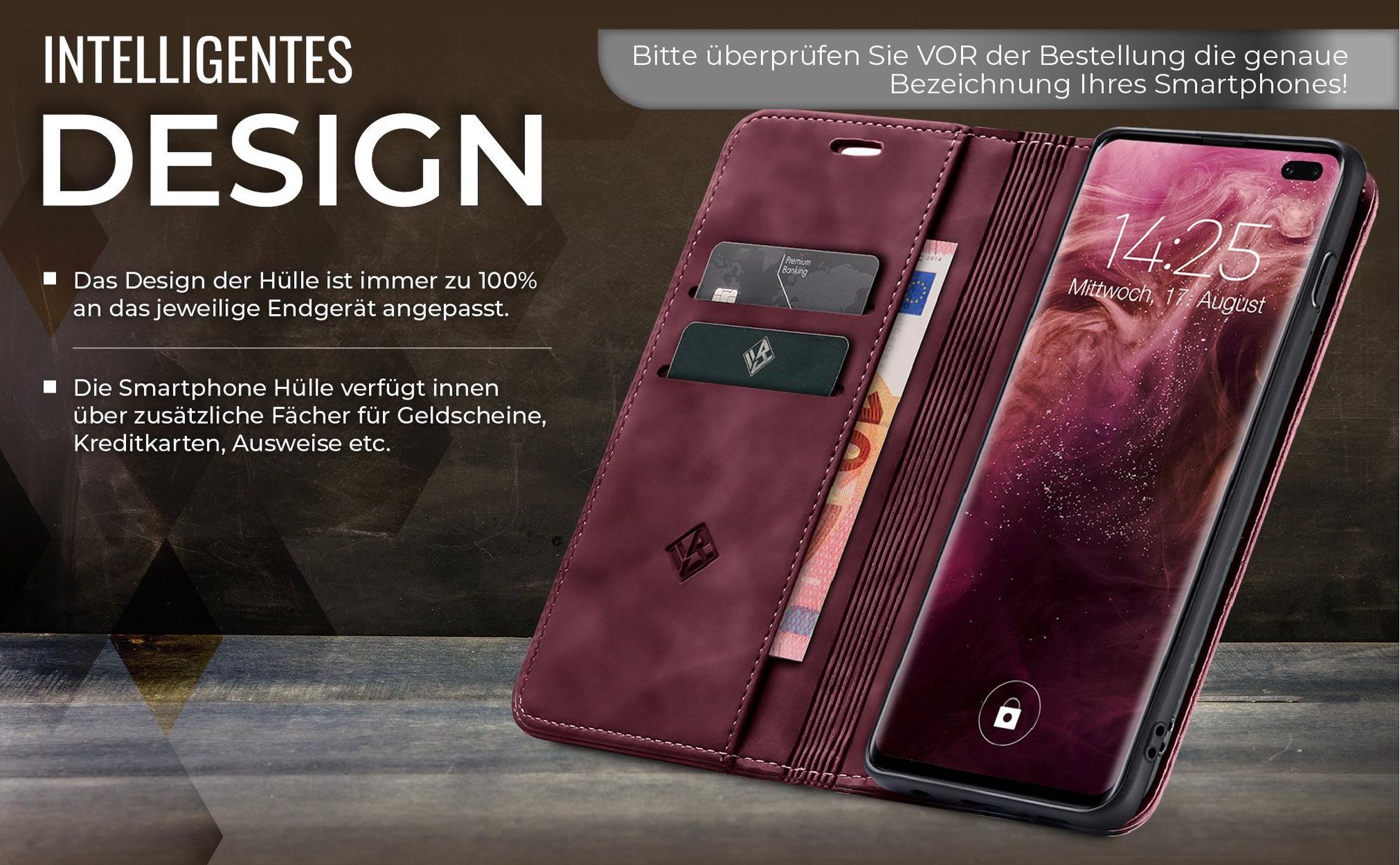 Edle Schutzhülle in Weinrot für Samsung Galaxy S10+ mit Kartenfächern und Geldfach