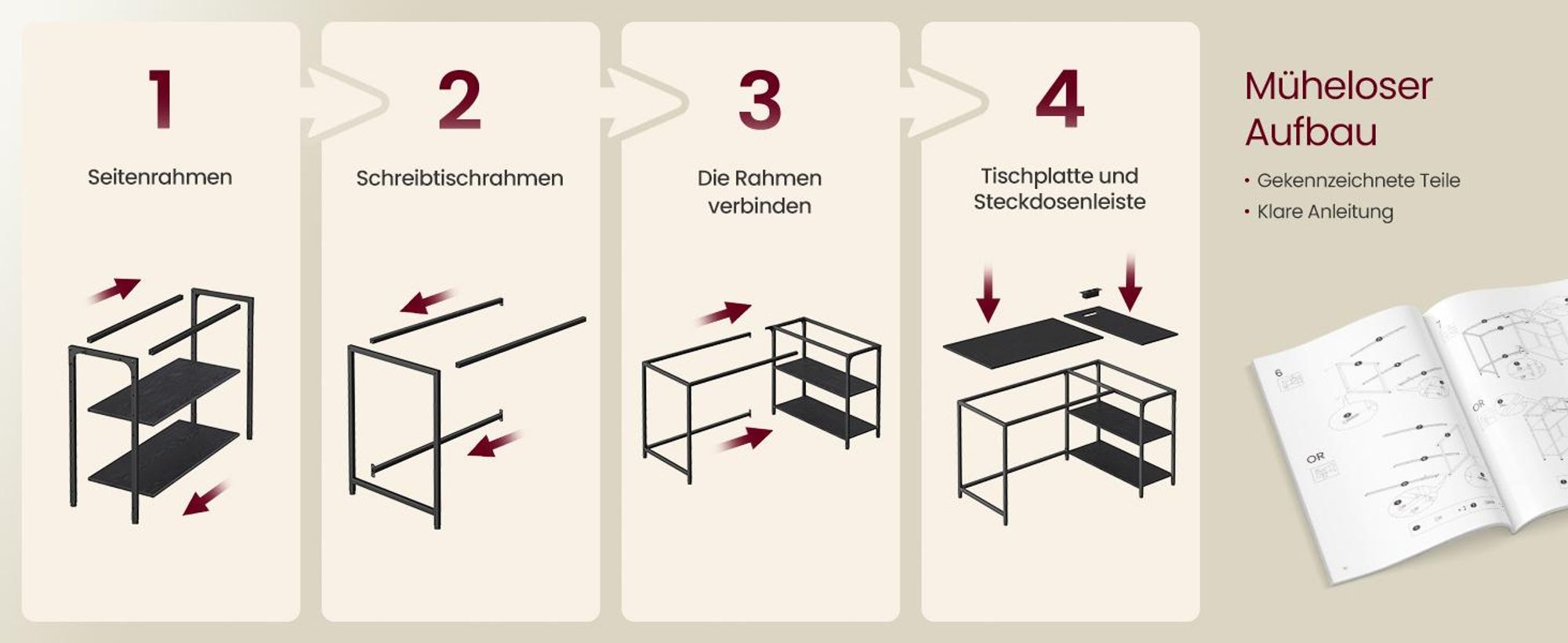VASAGLE Schreibtisch mit Stauraum, L-Form Computertisch, höhenverstellbare Ablage, Büro, mit Ladestation, 120 x 80 cm, schwarz