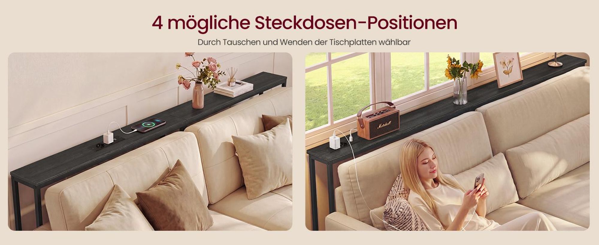 VASAGLE Schmaler Konsolentisch mit Steckdosen Regal hinter Sofa 200 x 15 x 80 cm Schwarz