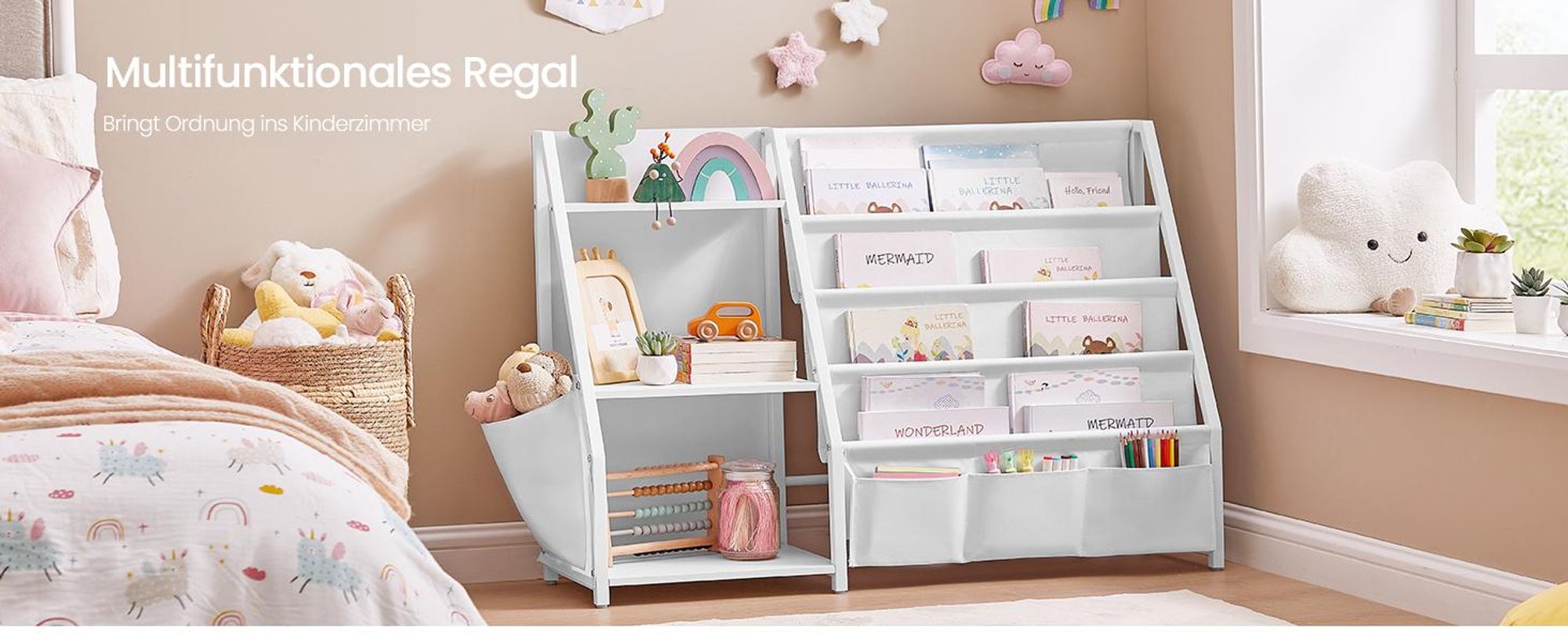 SONGMICS Bücherregal Kinder, mit Seitentasche, 75 cm hoch, Spielzimmer, weiß