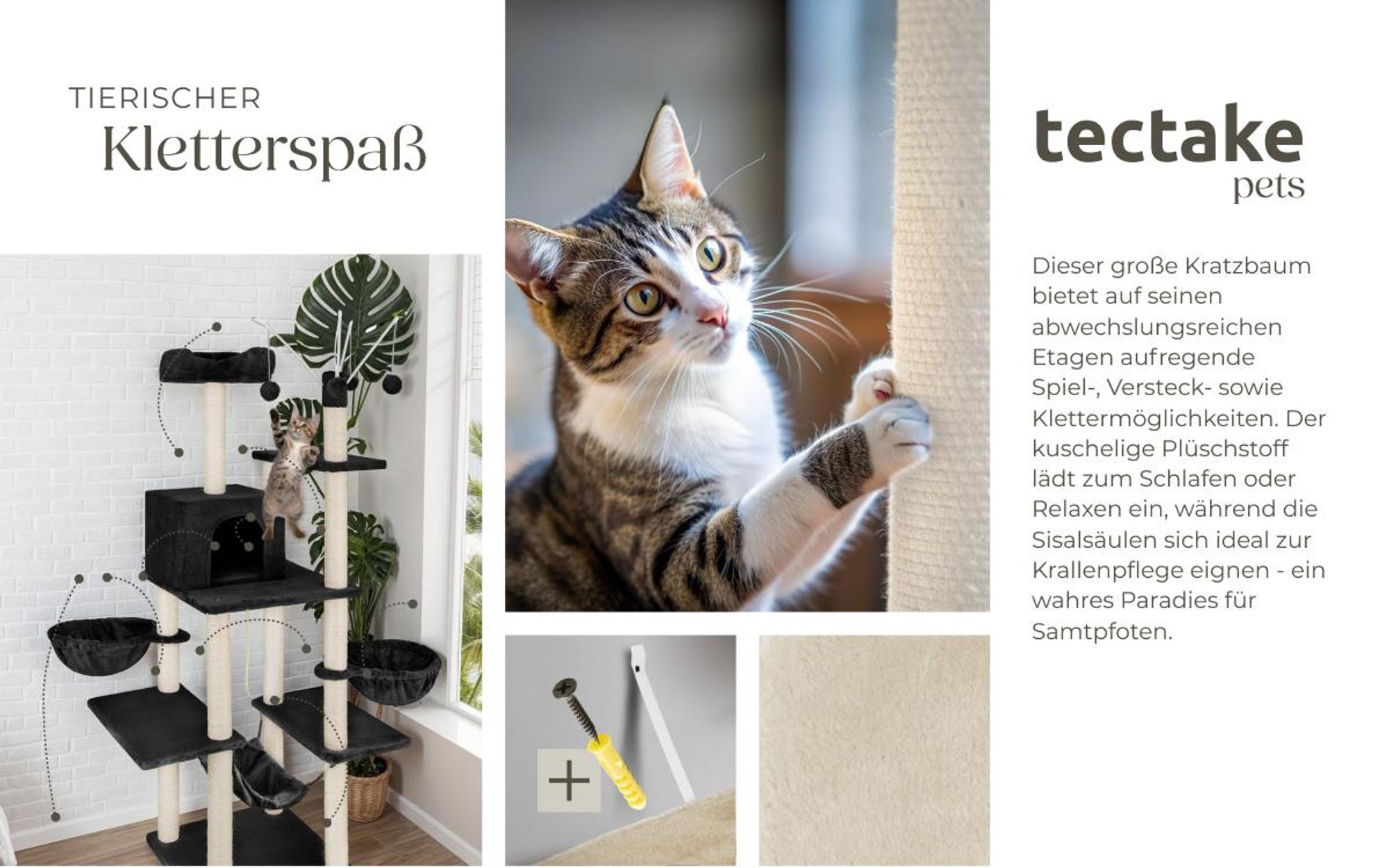 tectake® Kratzbaum Lilou 165 cm inklusive 4 Spielbällen, Kordel und Kippschutz