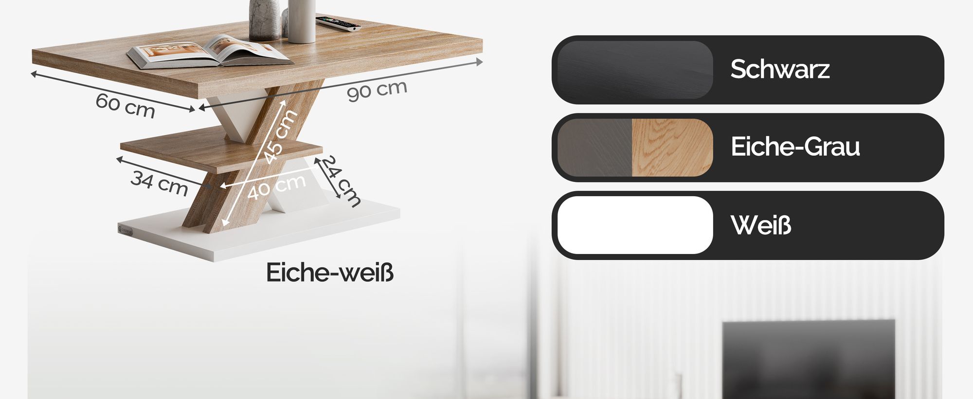 CASARIA® Couchtisch Weiß Eiche Holz Stauraum Ablage Kratzfest Modern Rechteckig 50kg Belastbar Beistelltisch Wohnzimmer Couch Tisch Detroit 90x60cm