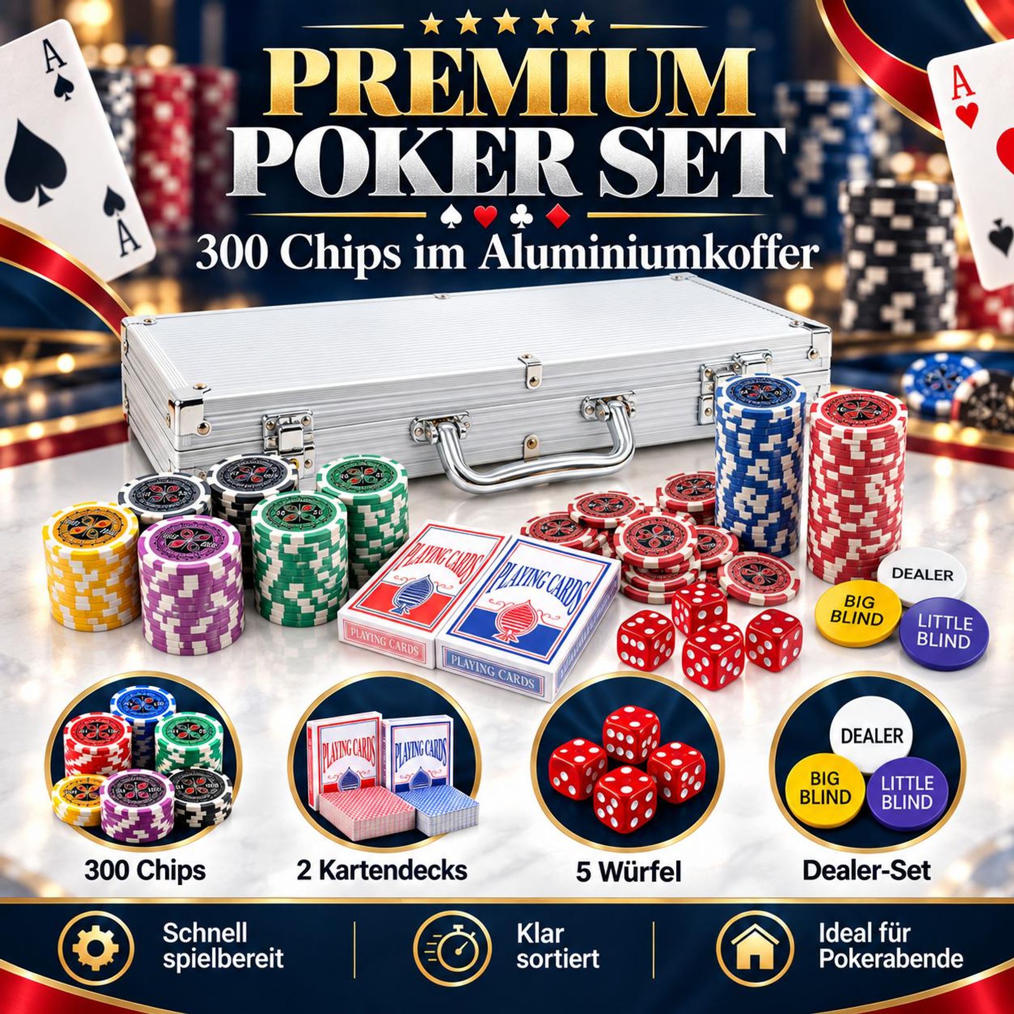 Poker Set Premium 300 Chips mit Metallkern (11,5g) – 6 Wertstufen, Aluminium Koffer, 2 Kartendecks, Blind Chips & Zubehör