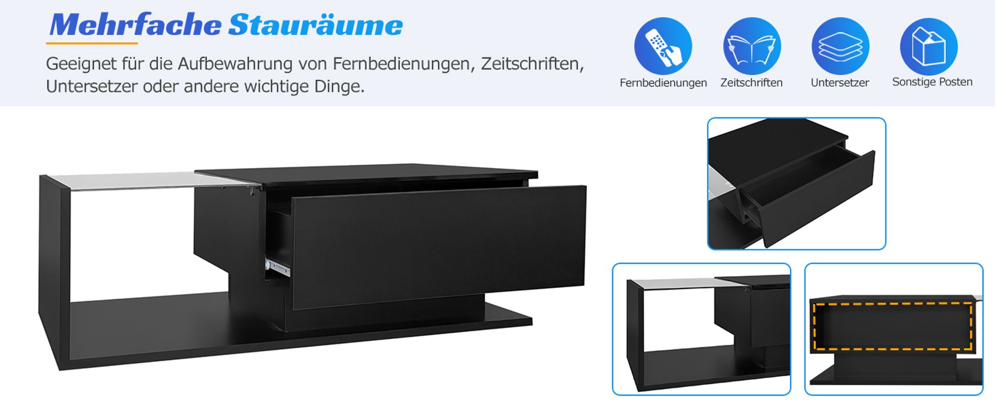MODFU Couchtisch Wohnzimmertisch LED-Hochglanz für Wohnzimmer, Schlafzimmer, Beistelltisch Rechteckiger mit Glasplatte und Schubladen, Schwarz