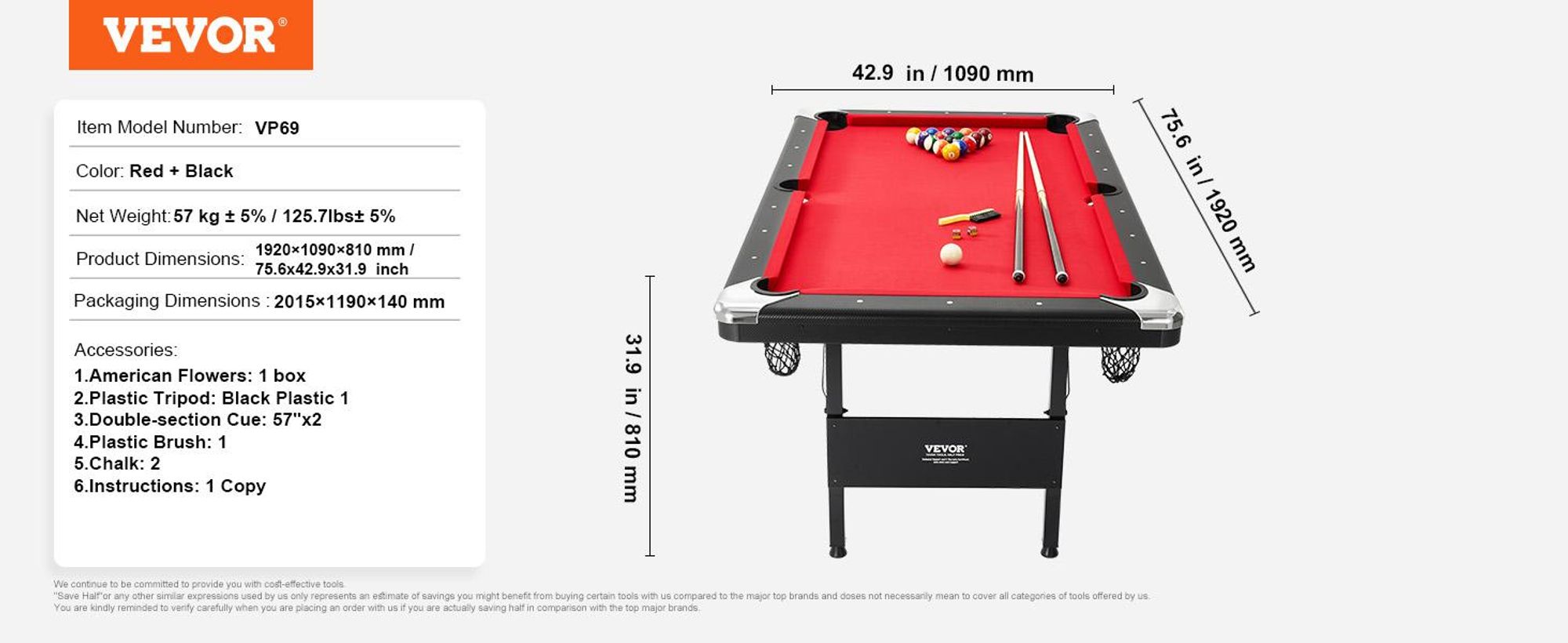 VEVOR Billardtisch, 192 cm Pooltisch, tragbarer faltbarer platzsparender Tisch, Billardtisch-Set beinhaltet Kugeln, Queues, Kreide und Bürste, schwarz mit rotem Tuch, perfekt für das Familien-Spielzimmer für Kinder und Erwachsene, 190 cm, Rot