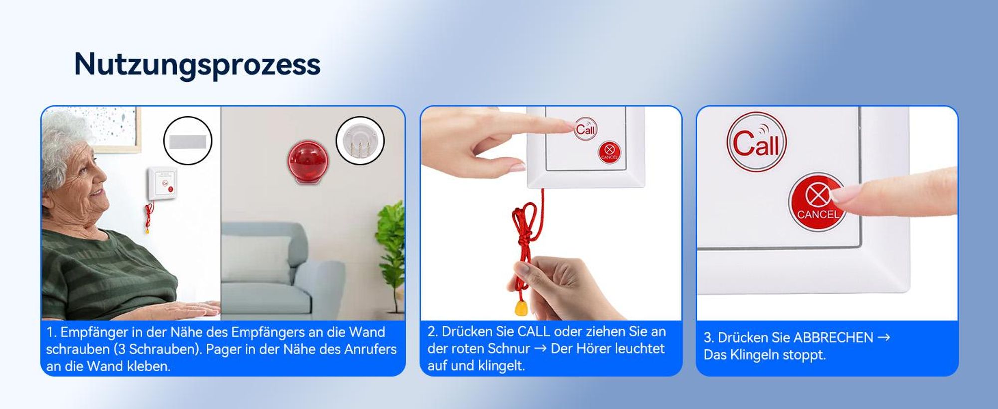 Retekess TH103P Alarm System,Notrufsystem, 110 dB Lärm,Anrufsystem mit Zugseil,IP54 Wasserdicht, 200 m Reichweite, Geeignet für Senioren, Patienten