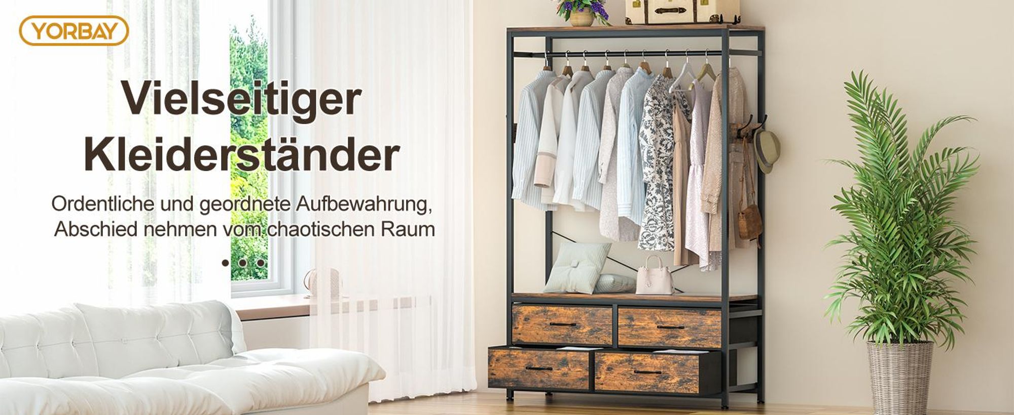 Yorbay Kleiderständer Freistehende Garderobenständer mit 4 Schubladen 4 Haken offener Kleiderschrank, Holz und Stahl Vintage