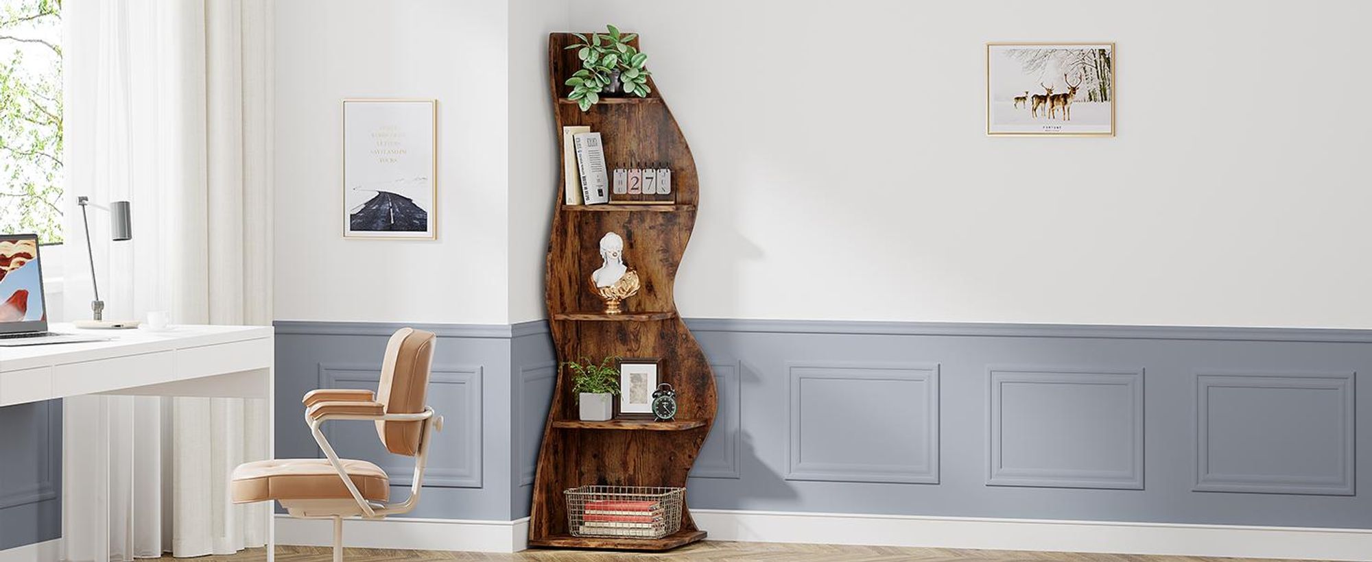 Tribesigns Eckregal, 183 cm hoch, Lagerregal, Bücherregal, Pflanzenständer, Organizer-Einheit, 5 Stufen, Modern, für Zuhause, Büro, Wohnzimmer, Braun