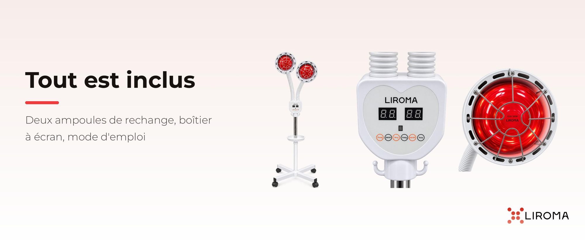 Contenu LIROMA lampe double tête : lampe, deux ampoules de rechange, boîtier de réglage, mode d'emploi