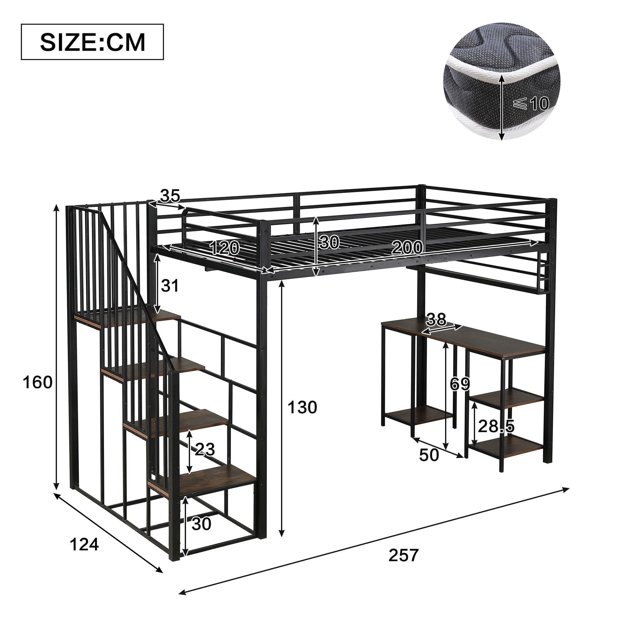 Flieks Etagenbett 120x200cm mit Schreibtisch und Ablage, Hochbett mit Treppe, Kinderbett Metallbett mit Rausfallschutz, Stockbett Schwarz