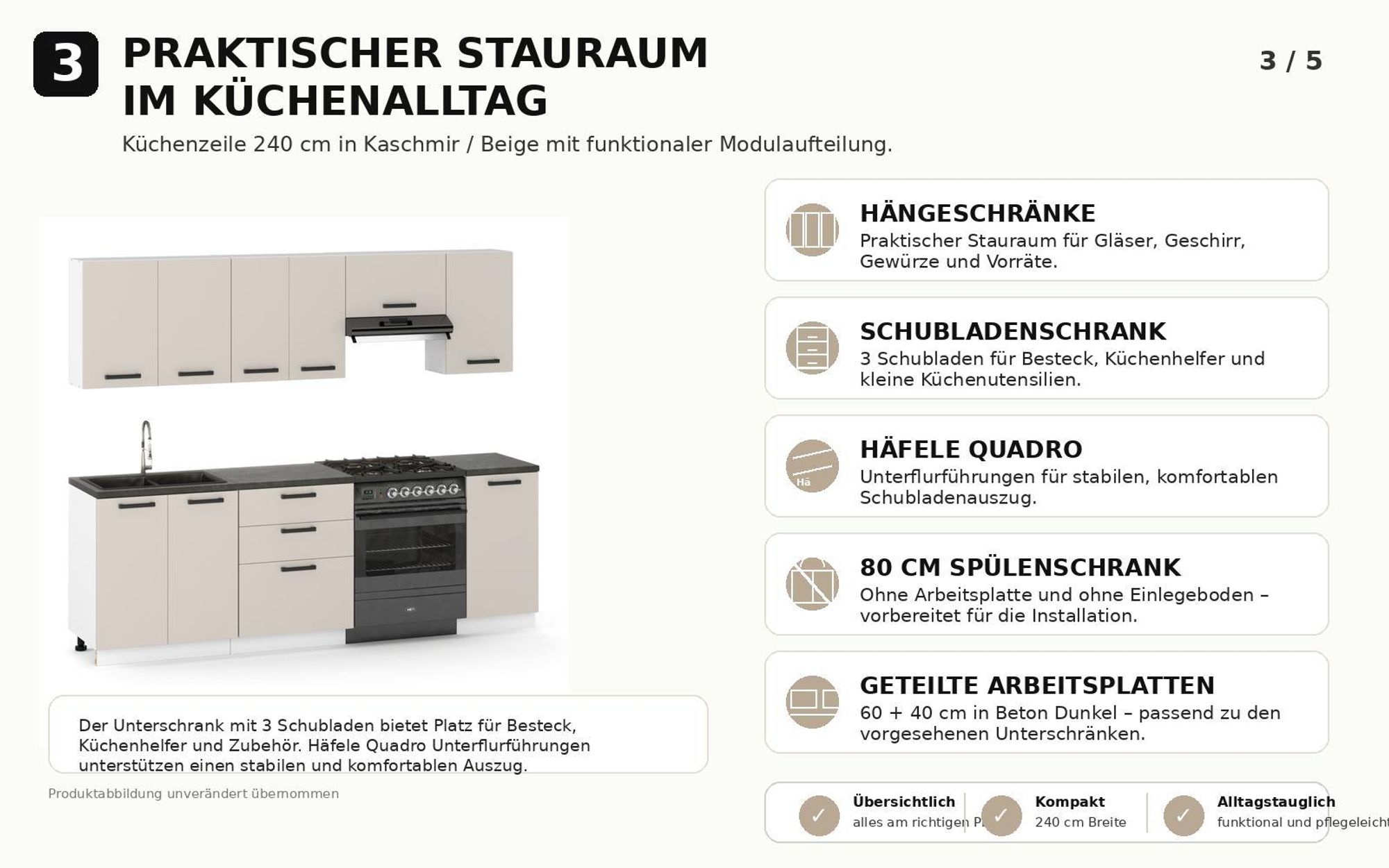 Stauraum mit Hängeschränken, 3 Schubladen, Spülenschrank und geteilten Arbeitsplatten.