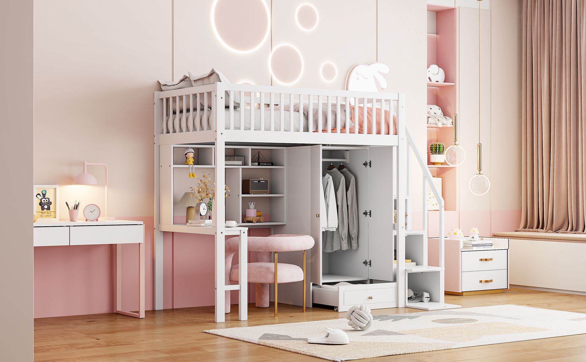 Merax Etagenbett 90x200cm mit Kleiderschrank, Hochbett mit Schreibtisch und Regal, Kinderbett mit Stauraumtreppe und Rausfallschutz, Holz Stockbett
