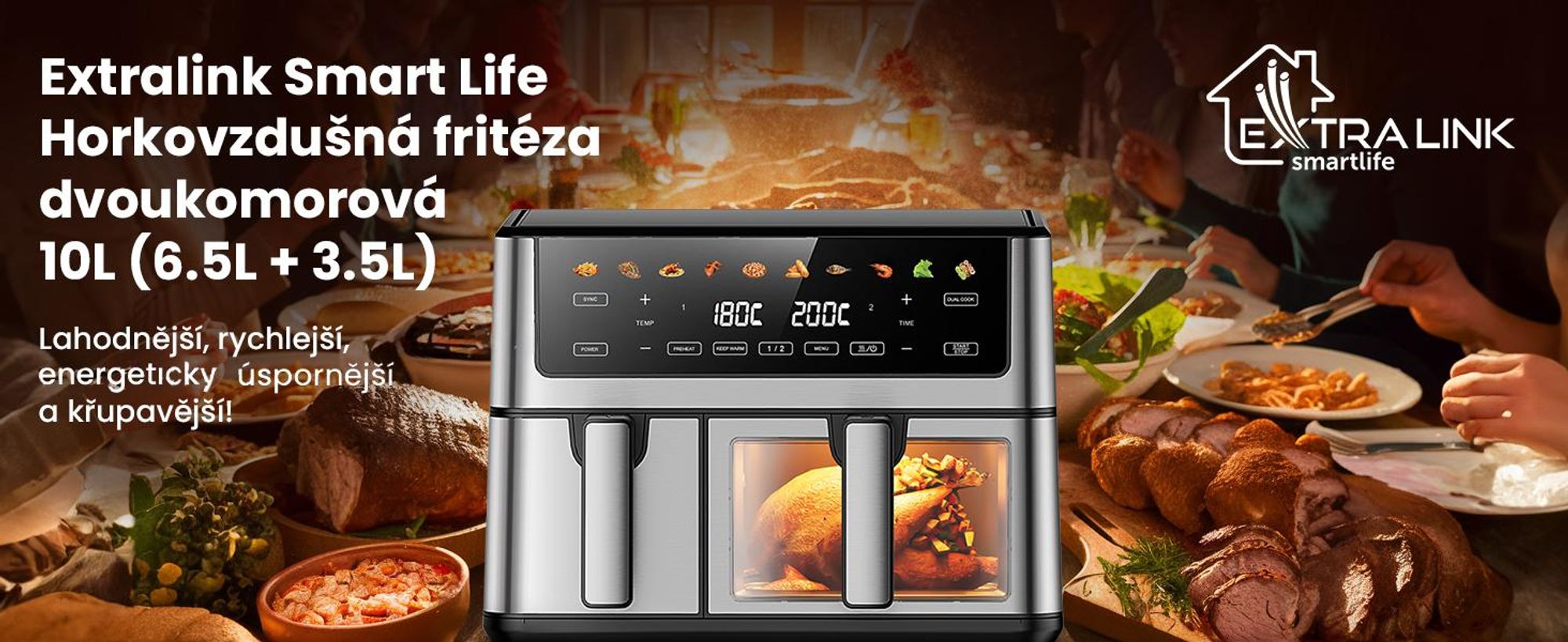 Extralink Air Fryer Dual Basket 10 l horkovzdušná fritéza 2500 W se 2 koši a dotykovým displejem