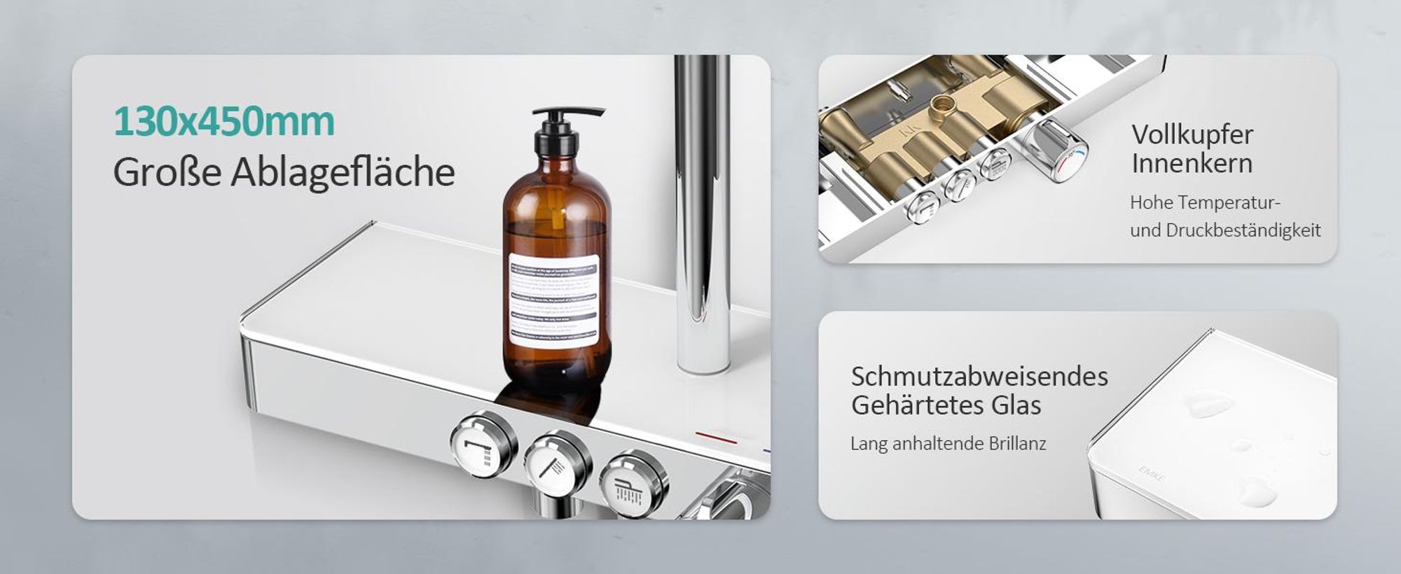 EMKE Duschsystem mit Thermostat 1146x450x480mm Glasablage Handbrause mit 3 Strahlarten Regendusche, Bad- & Duscharmaturen, KTW-, Chrom F10