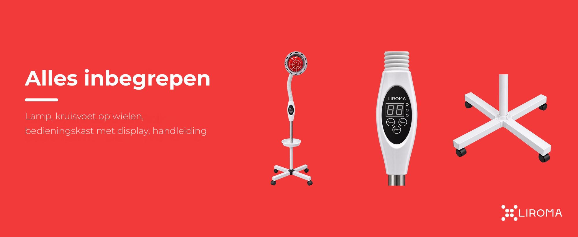 Inhoud LIROMA infraroodlamp: lamp, kruisvoet op wielen, bedieningskast met display