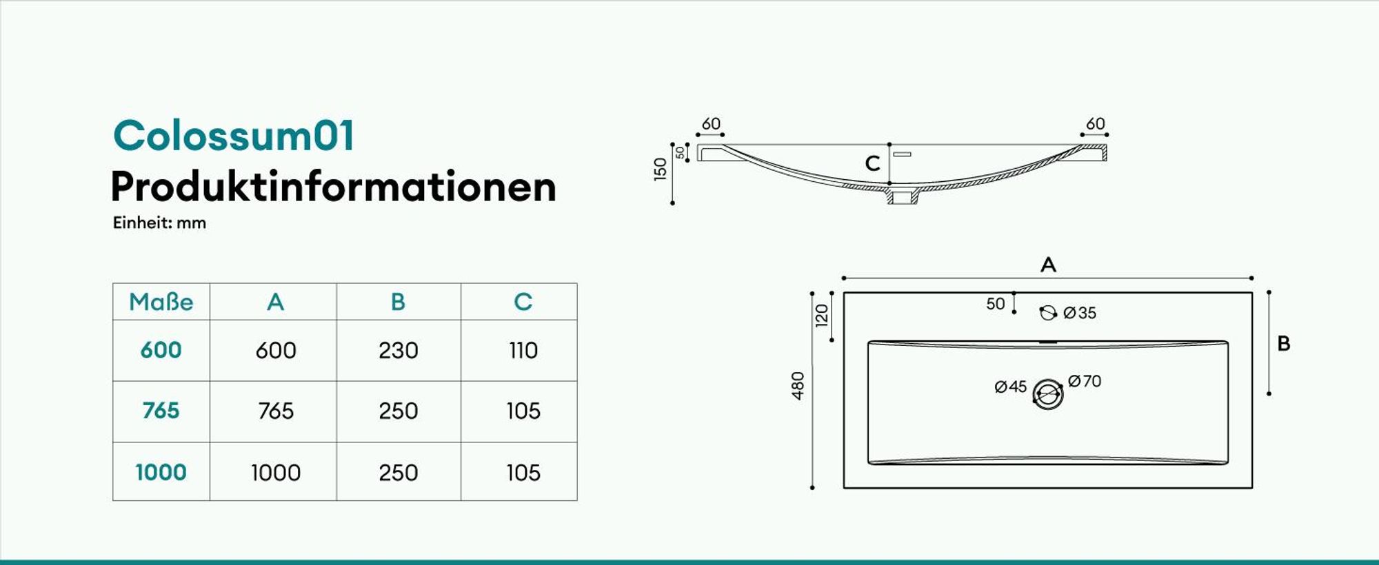Mai & Mai Einbau-Waschbecken Waschschale Waschtisch Mineralguss Weiß Rechteckig 1 Armaturenloch Überlauf-Funktion Breite: 100cm Col01