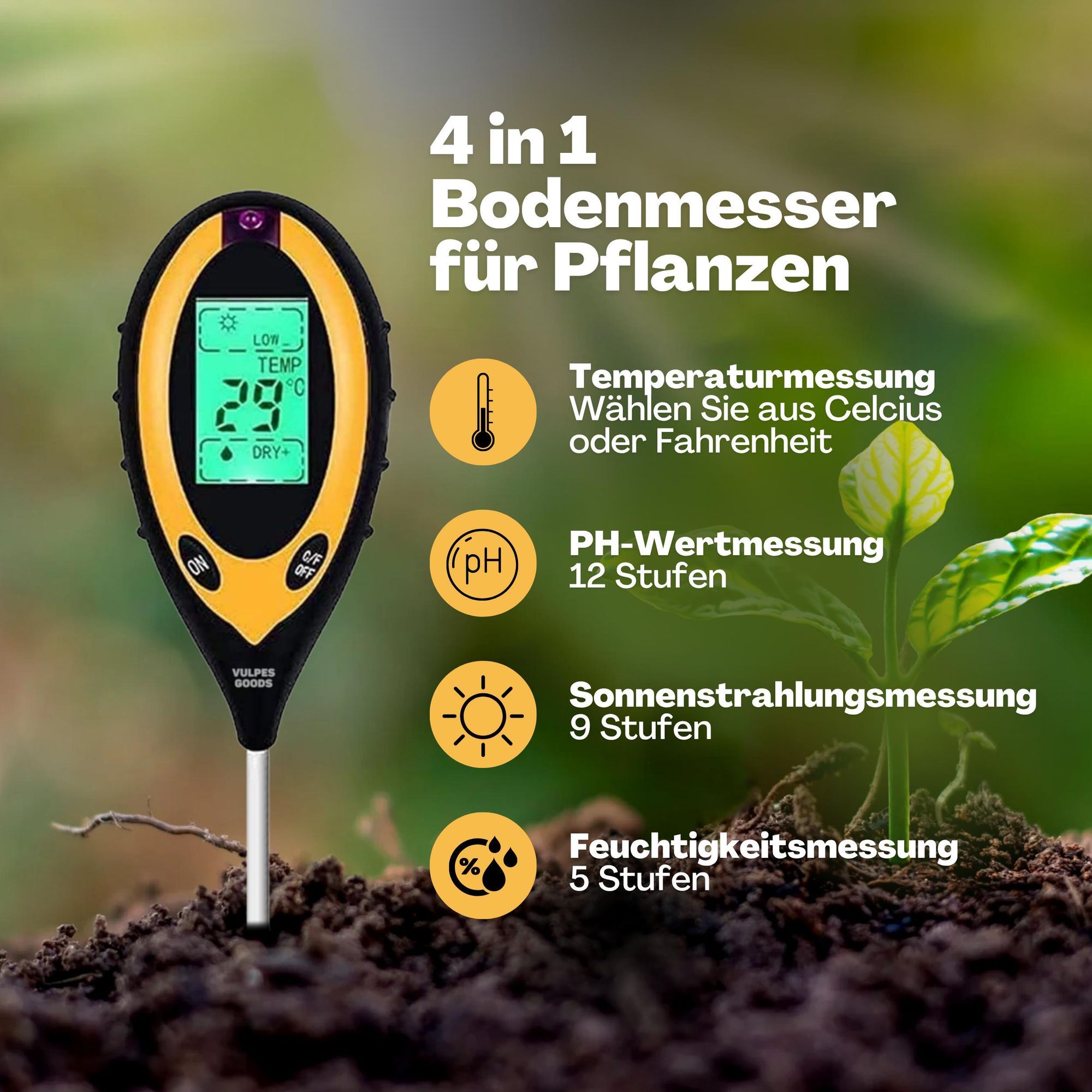 Vulpes Goods Bodenfeuchtigkeitsmessgerät, Für Pflanzen, 4-in-1, Thermo- und Feuchtigkeitsmesser, Innen und Außen, pH Licht, Boden testen, Mit Batterie