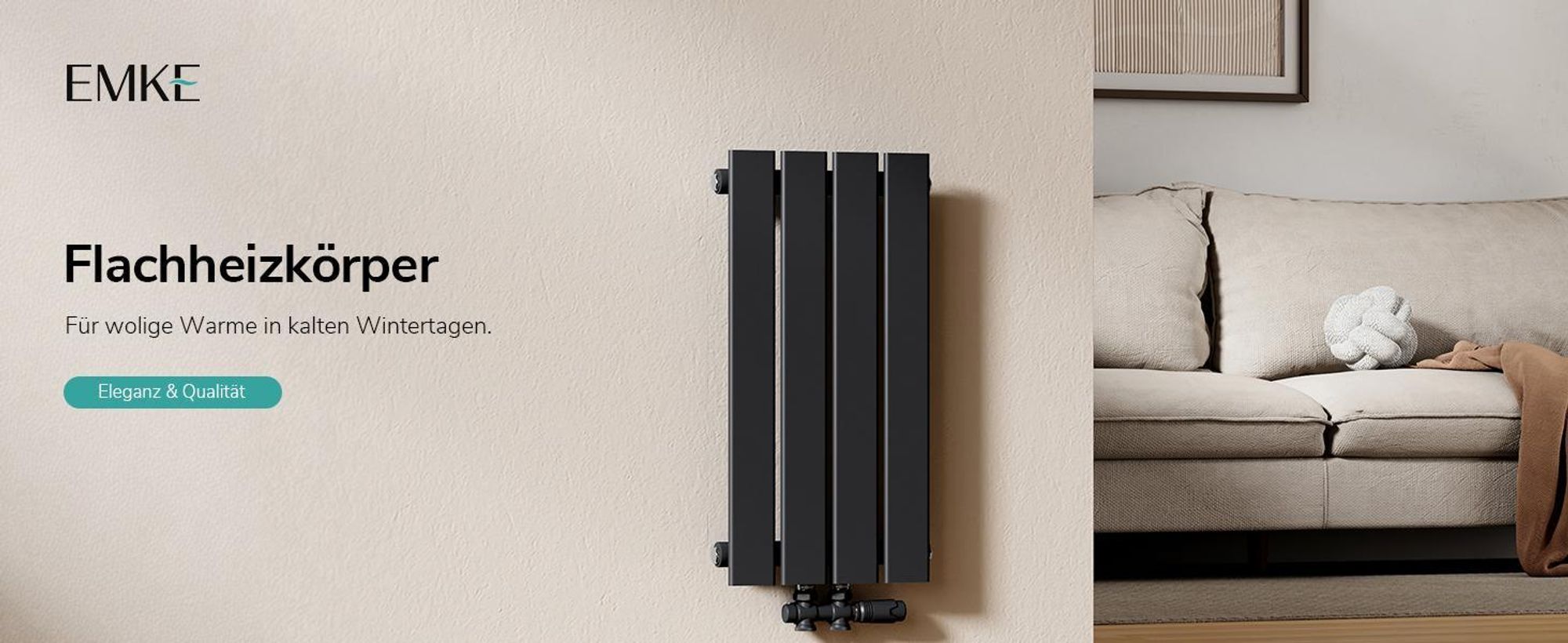 EMKE Heizkörper Flach Kompakt Design Paneelheizkörper Vertikal Einlagig Mittelanschluss 90x30cm 297W Schwarz Platzsparend ohne Heizstab