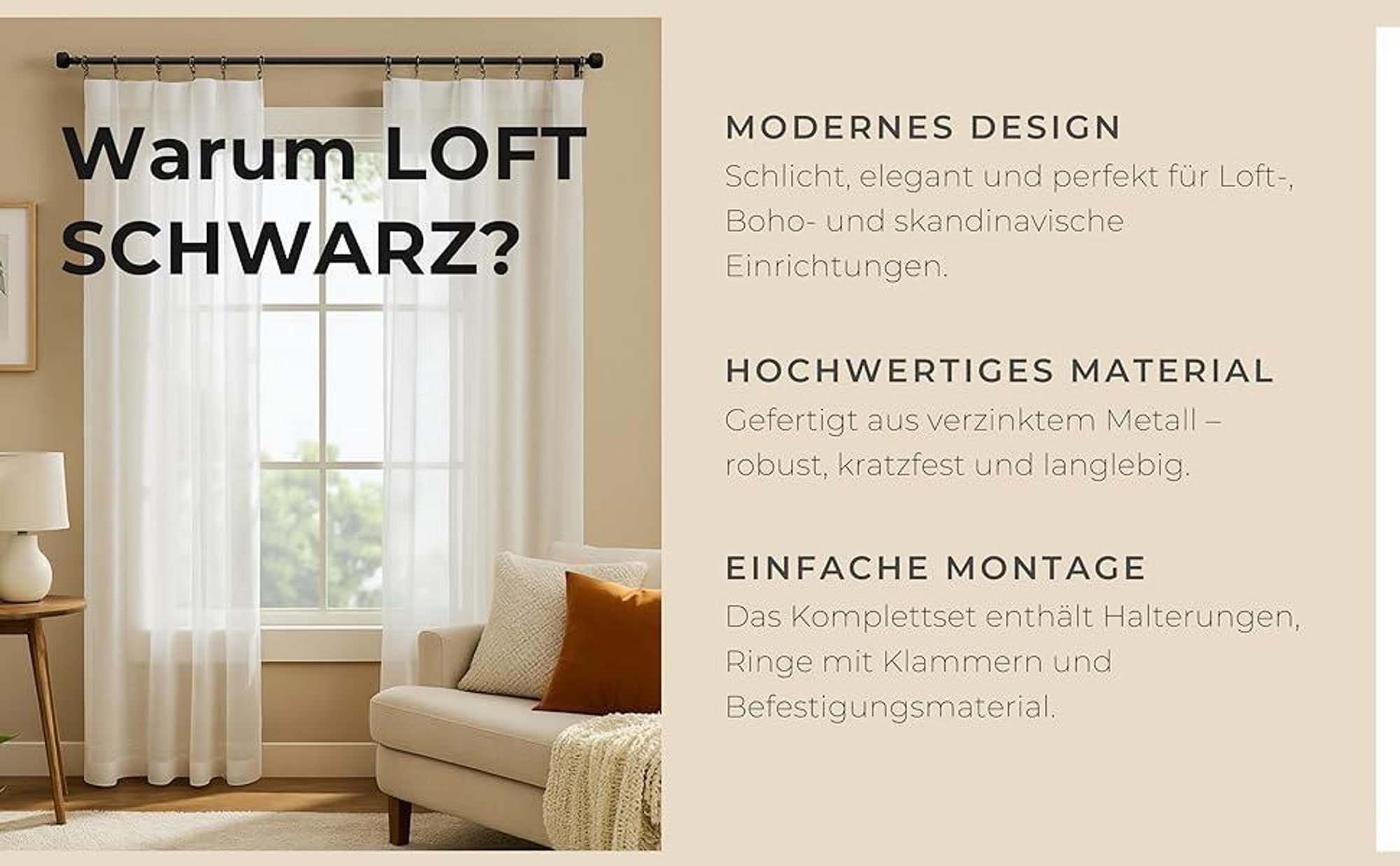 LOFT 140 cm Doppelte Gardinenstange Schwarz 19 mm aus Metall mit Endstück Basic Komplettset mit Ringen und Clips Inklusive Montagezubehörset