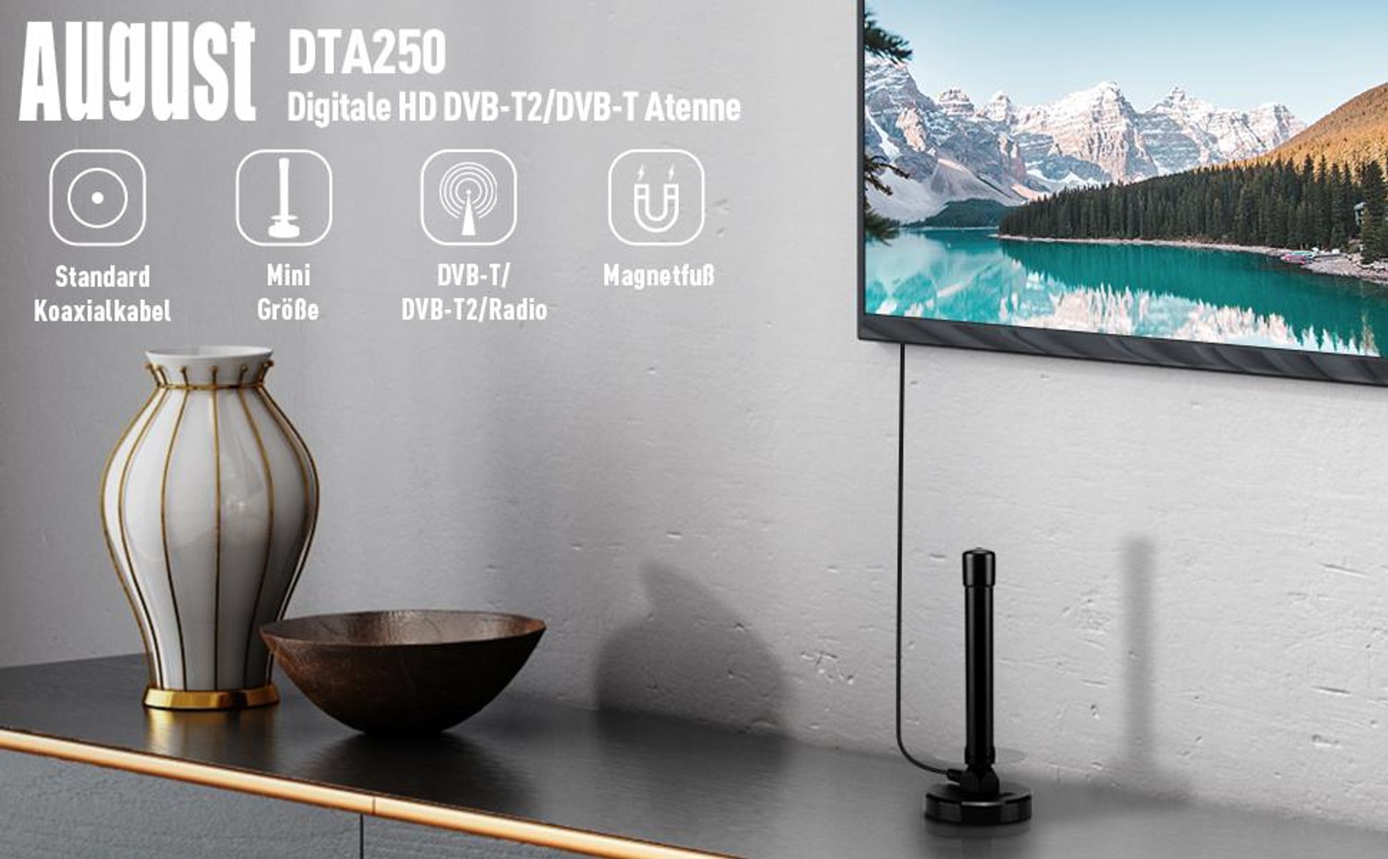 DVB-T/DVB-T2 HD Antenne Fernseher 2m Kabel mit Magnetfuß - August DTA250