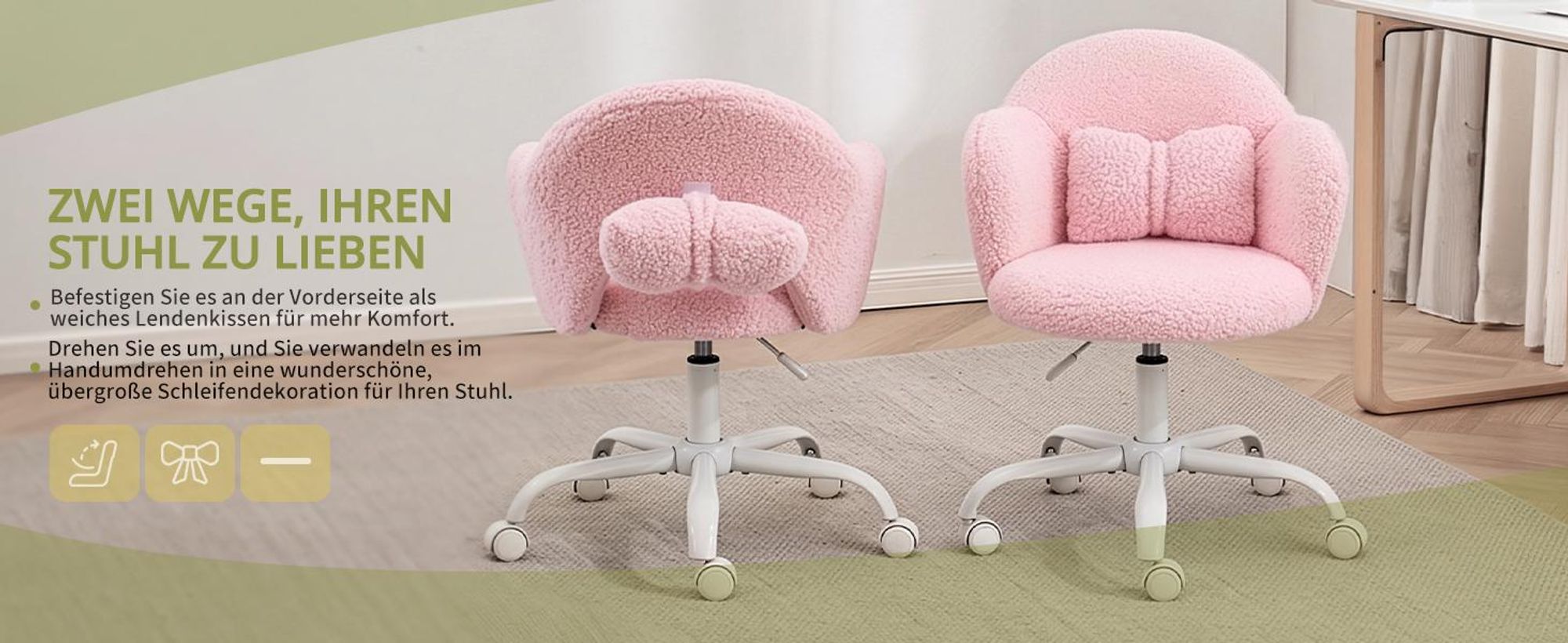 Alightup Drehstuhl in Blütenform mit Lendenkissen,Schreibtischstuhl, Gasfeder, Bezug aus Lammfellstoff, 1 Stück, 59×57×76‑85,5 cm, 360°, Rosa