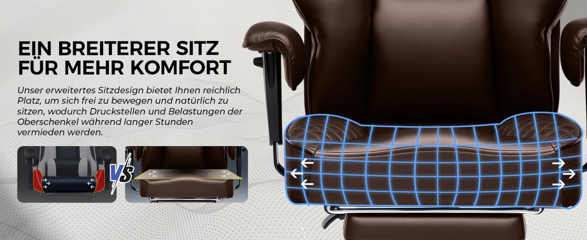 GTPLAYER Gaming Stuhl, breiter Bürostuhl mit Taschenfeder, Ergonomischer PC-Stuhl, Verstellbarer und Drehbarer Schreibtischstuhl, Kunstleder, braun