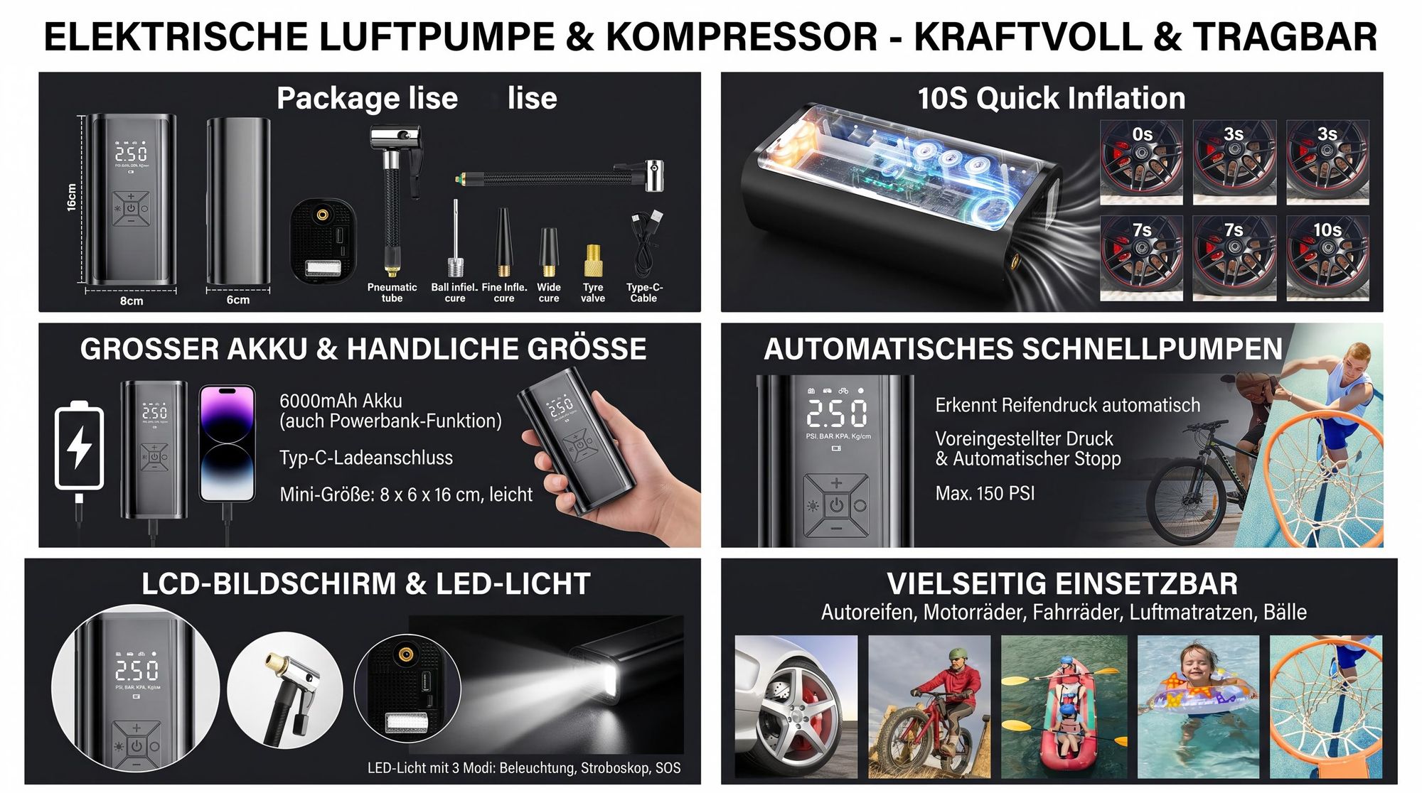 Elektrische Luftpumpe mit 6000mAh Akku, Tragbarer 150PSI Luftpumpe, elektrischer Luftkompressor mit LCD Display & LED Licht, Mini Kompressor