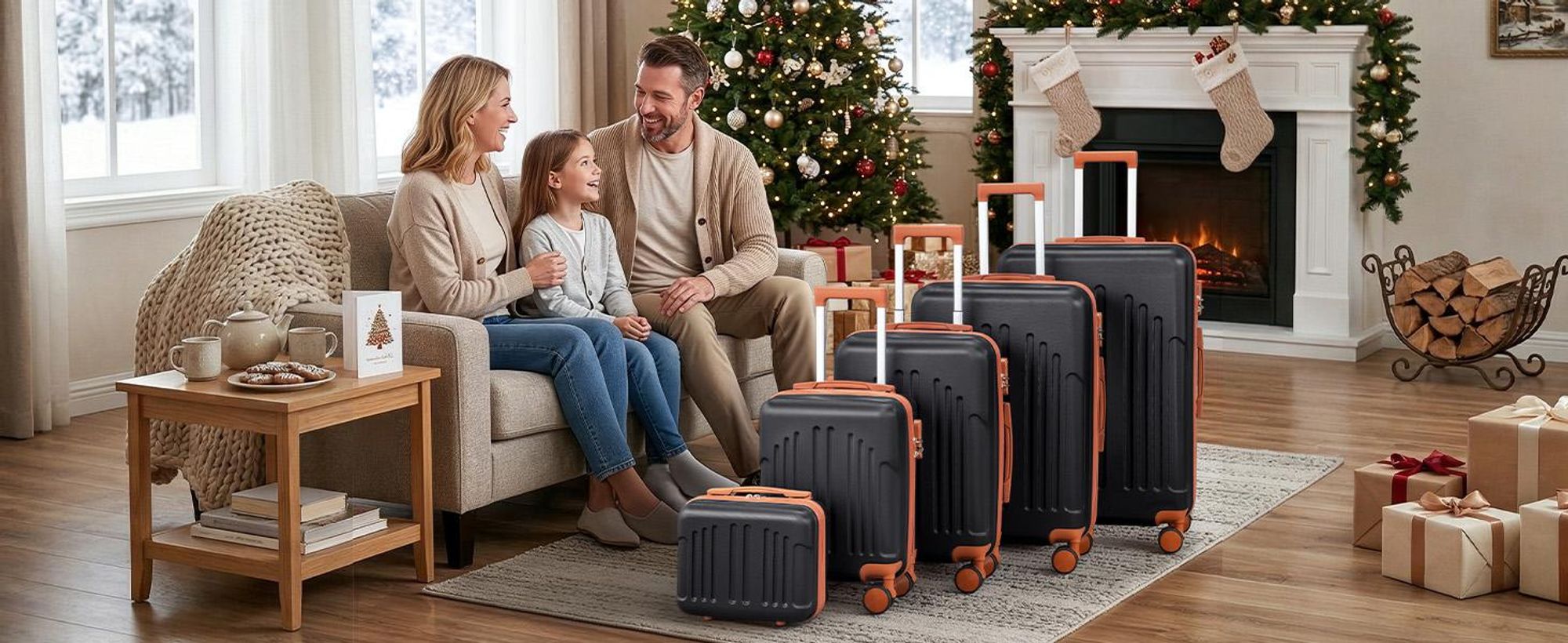 FCH Kofferset, 5tlg. Hartschalen Reisekoffer & Trolley Set S-M-L-XL + Handtasche, 360° Rollen, Schwarz