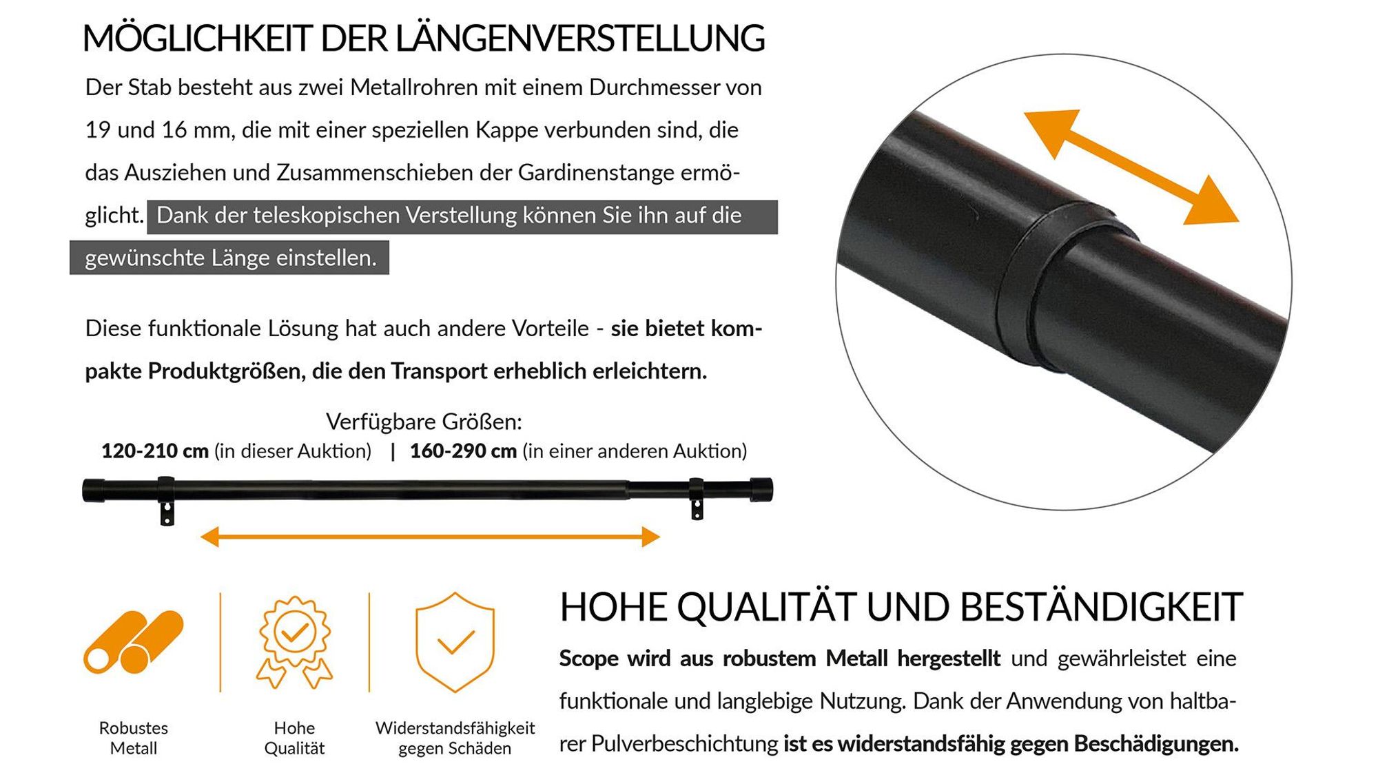Gardinenstange, MARDOM, Vorhangstange, Metall, Ausziehbar, für Gardinen und Vorhänge