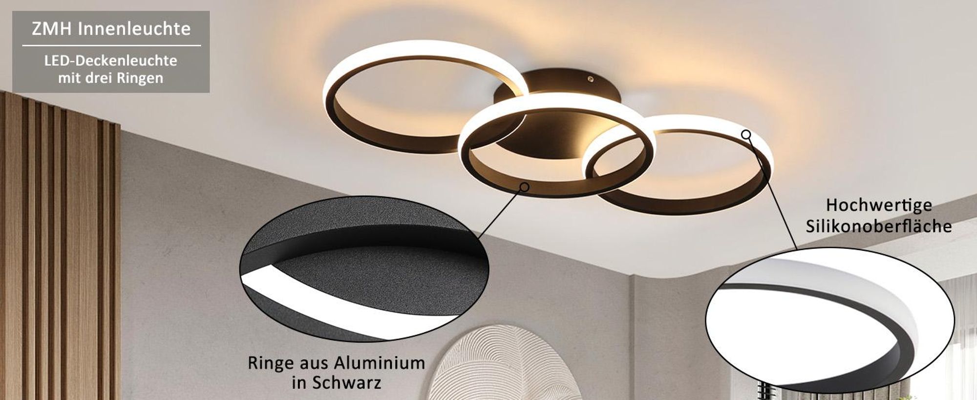 ZMH Deckenlampe Schwarz LED Deckenleuchte Wohnzimmer - Deckenlampe Flur Modern Design mit 3 Metall Ringe 3000K Warmweiße Küchenlampe 36W