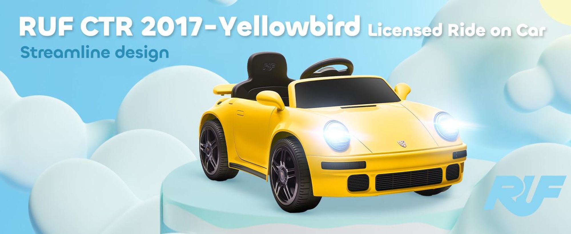 AIYAPLAY Elektryczny samochód dziecięcy 12 V RUF CTR 2017-Yellowbird z pilotem 2,4 GHz, 2 silnikami, pojazd dziecięcy z łagodnym startem, wyświetlaczem zużycia energii, odtwarzaczem MP3, światłami LED, klaksonem, dla dzieci w wieku 3-6 lat, żółty