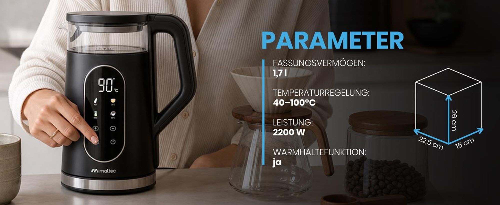 Wasserkocher mit Temperaturregelung 1,7 L Warmhaltefunktion 40–100°C 2200W Kalkfilter