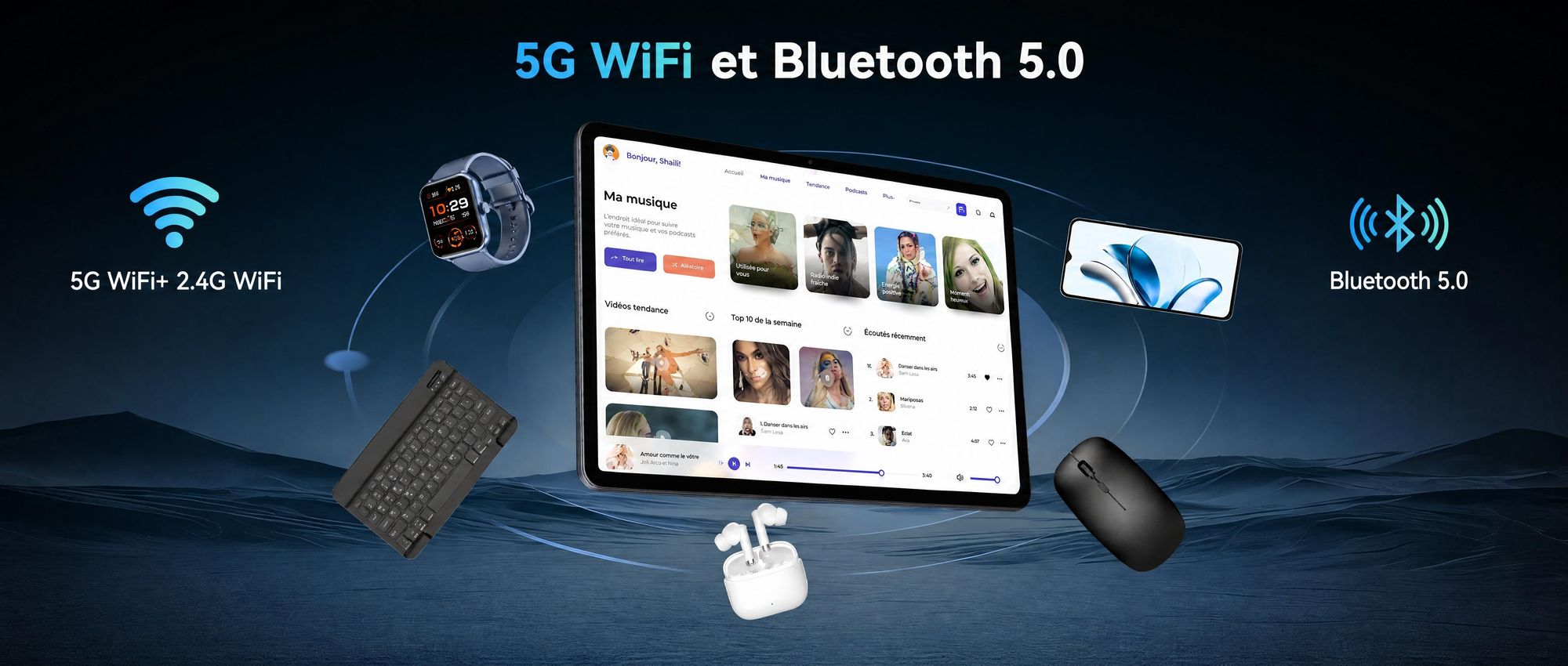 Tablette Android 16 T60, écran de 12,2 pouces avec résolution 2,5K, 48 Go de RAM + 256 Go de stockage interne (extensible jusqu'à 2 To via carte TF), processeur Octa-Core, batterie de 10 000 mAh et intelligence artificielle Gemini