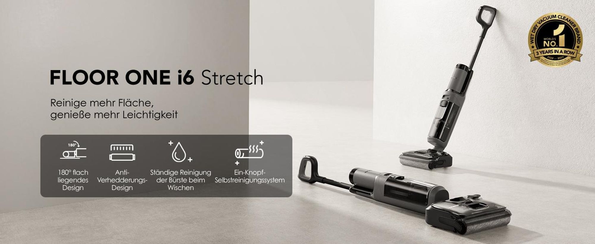 Tineco FLOOR ONE i6 Stretch Nass Trockensauger, Selbstreinigung 5 Min Flashdry, 180° Lay-Flat, 20kPa, 40 Min, Beidseitige Kantenreinigung Waschsauger